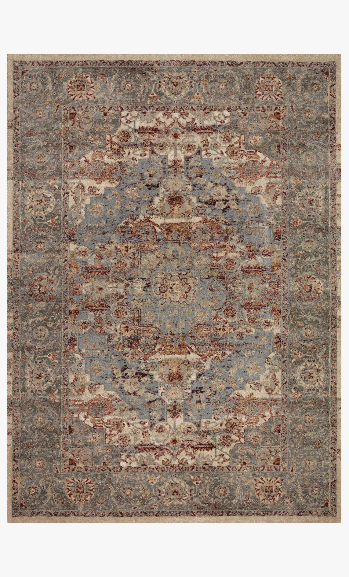 Slate blue power loom rug with ornate red-brown and beige medallion pattern