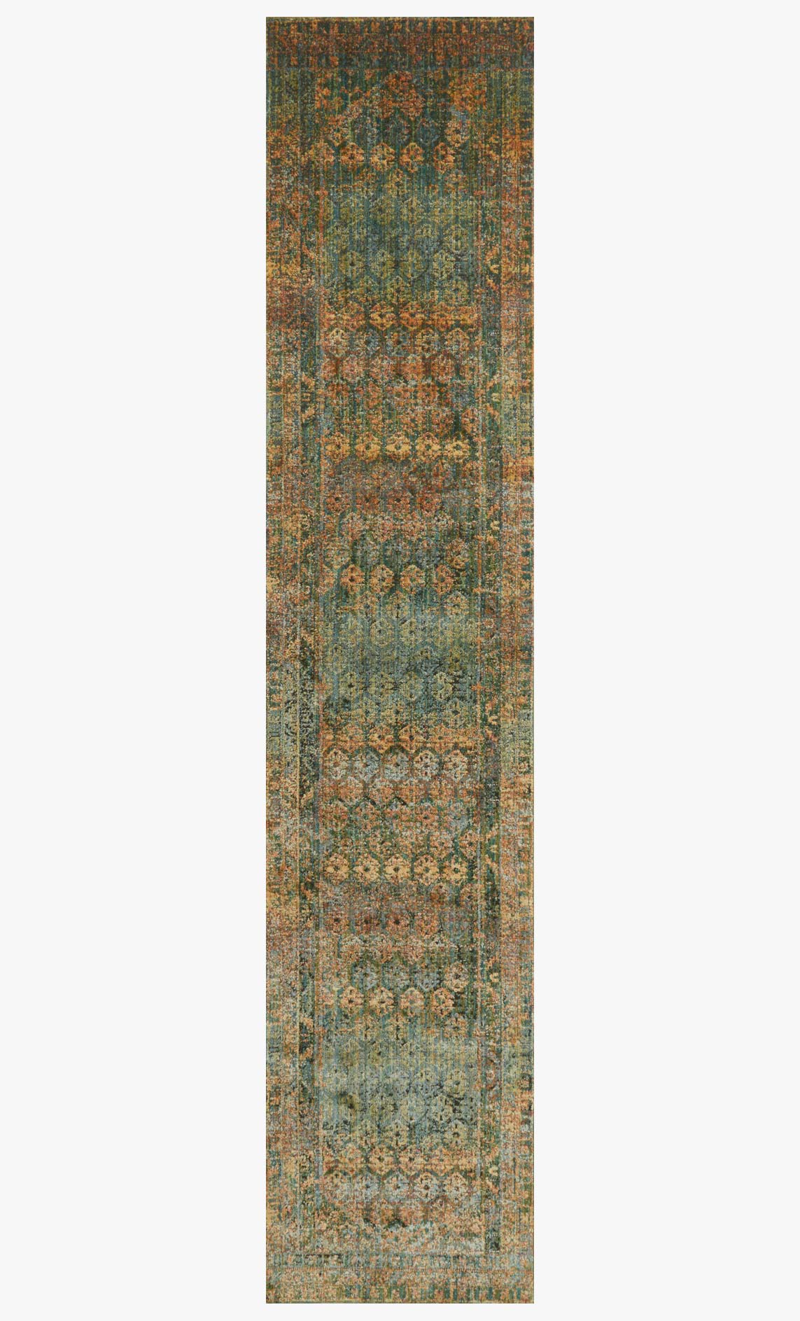 Narrow vertical view of teal, brown, and orange geometric area rug
