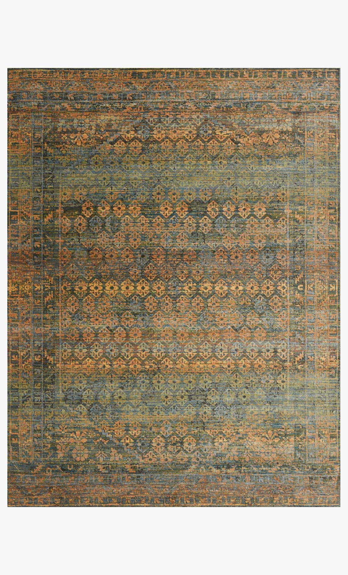 Contemporary power loomed rug with teal, orange, and gold geometric pattern