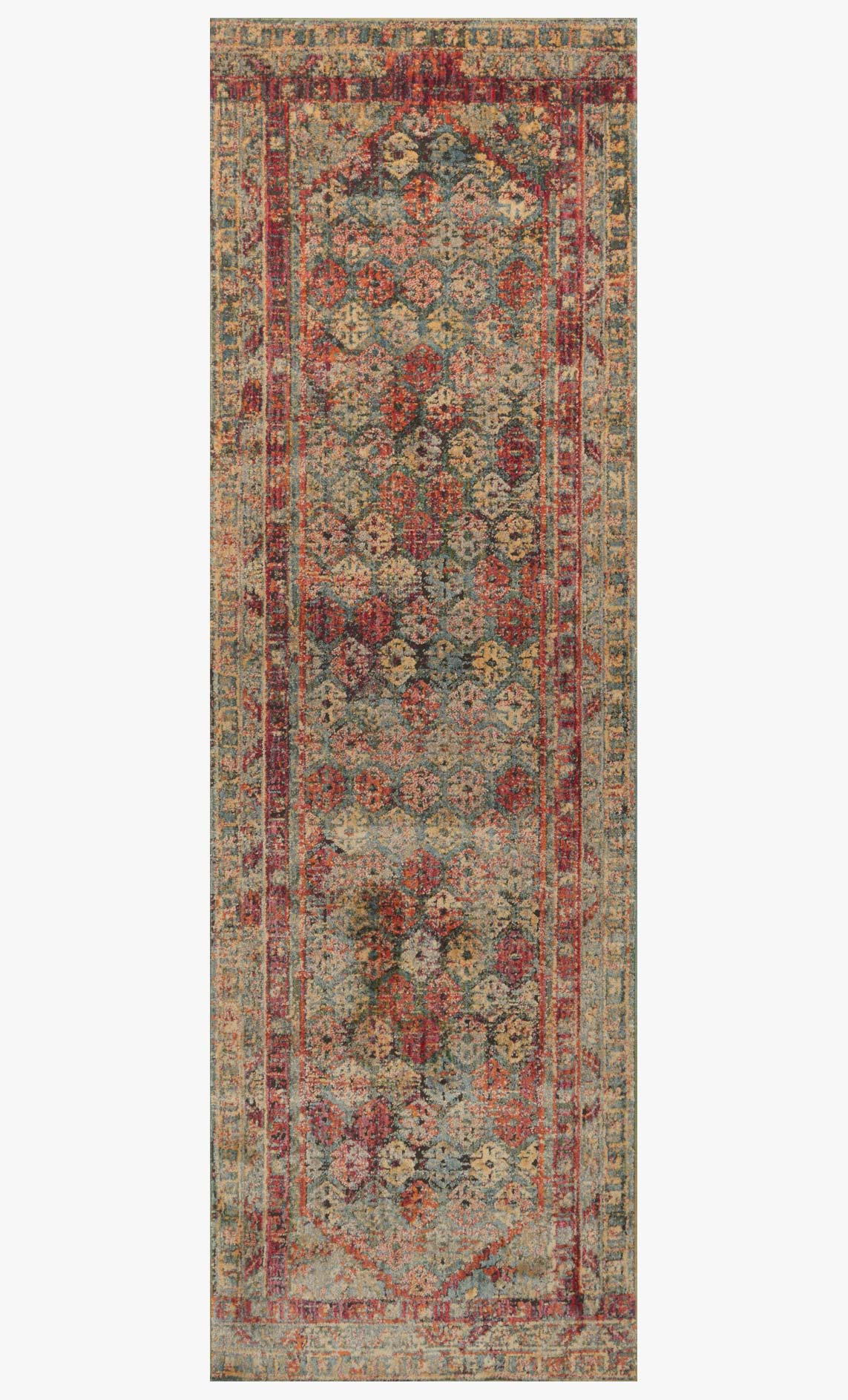 Vertical view of contemporary power-loomed rug in slate and berry, ornate geometric center