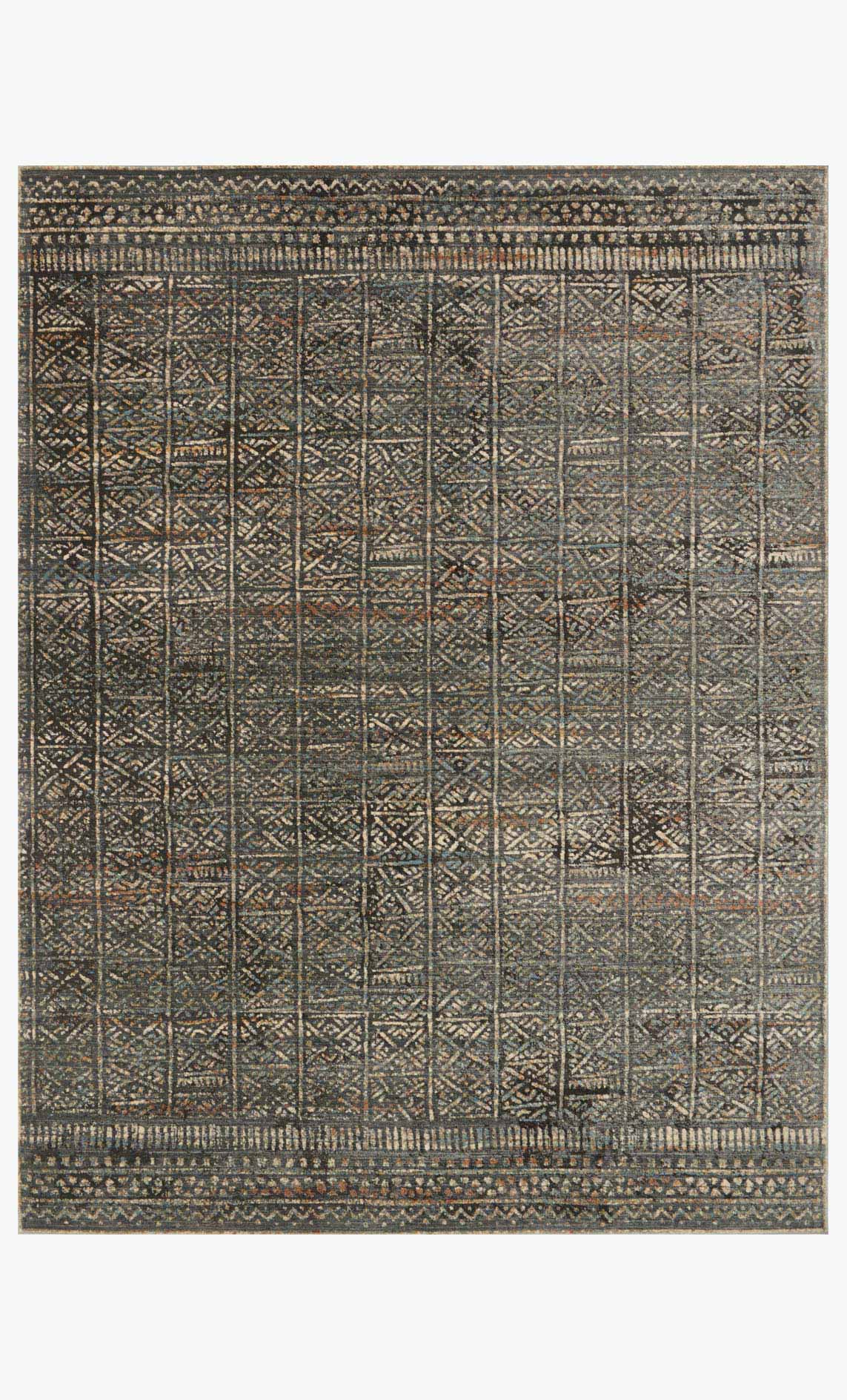Charcoal and silver power-loomed rug with geometric border and grid pattern