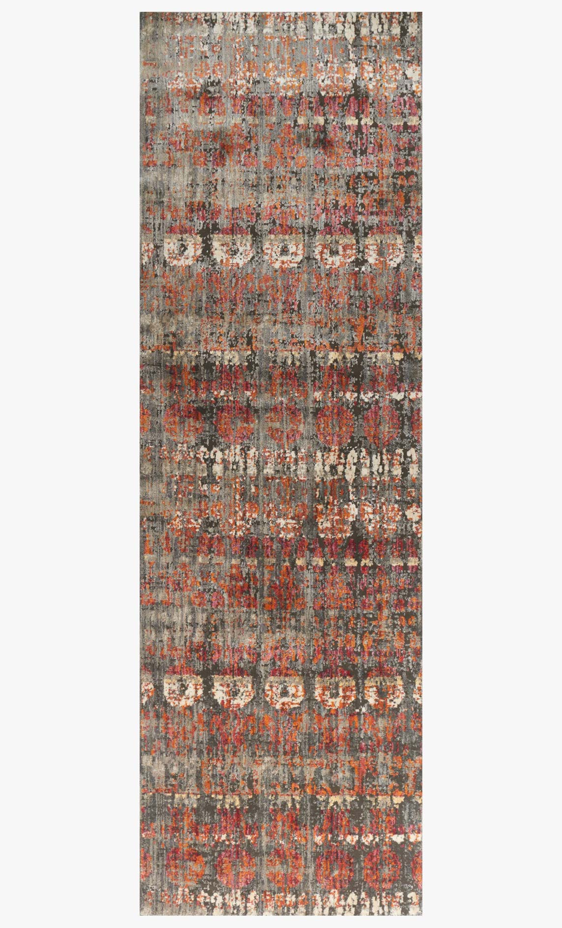 Contemporary power-loomed rug long rectangular view, multicolor abstract design in gray and orange