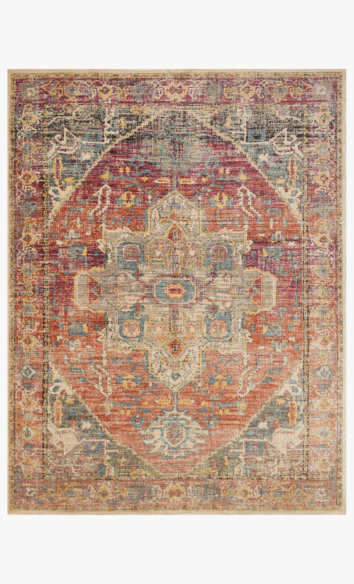 Contemporary power-loomed rug with multicolor medallion, orange, berry red, and blue