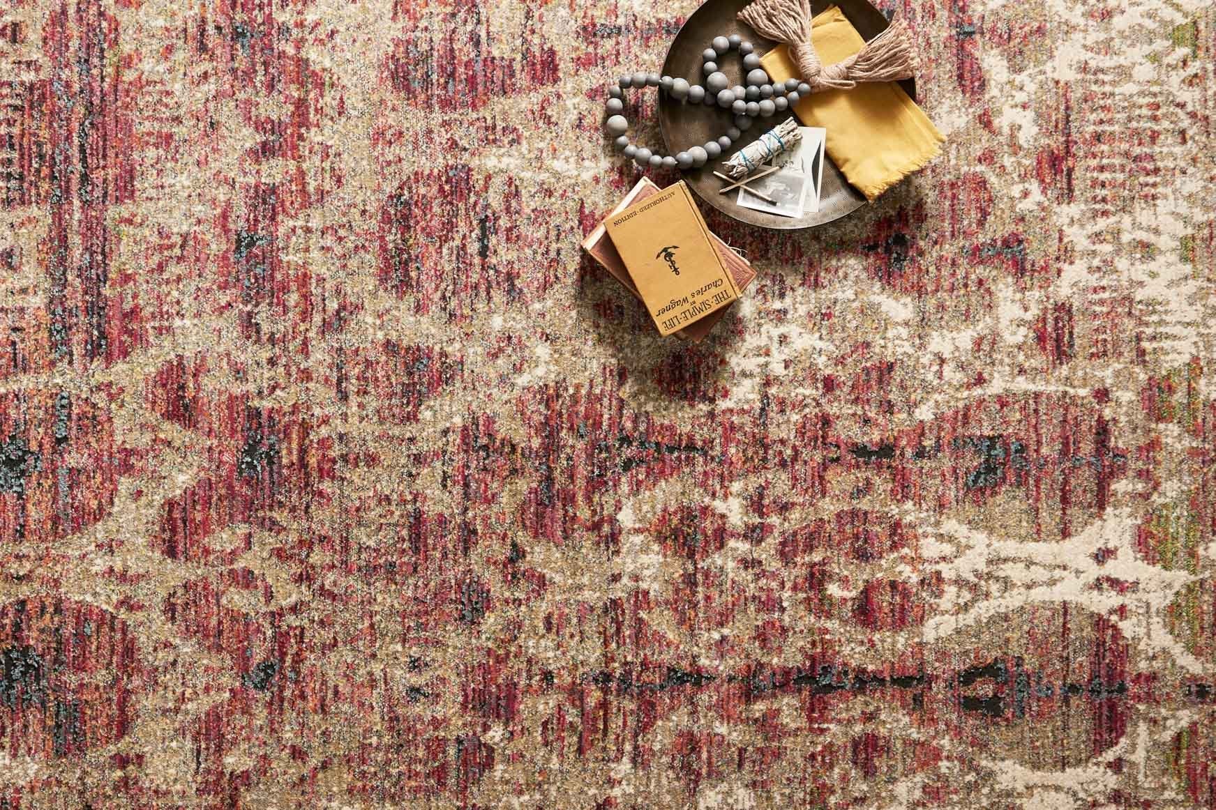 Abstract power-loomed rug in cream, berry red, and muted brown with textured speckling