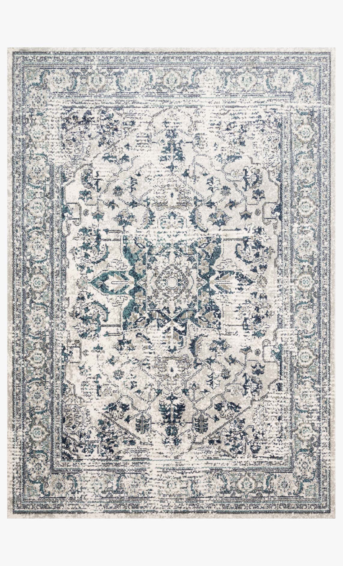 Traditional power-loomed area rug with ornate blue and light green medallion border