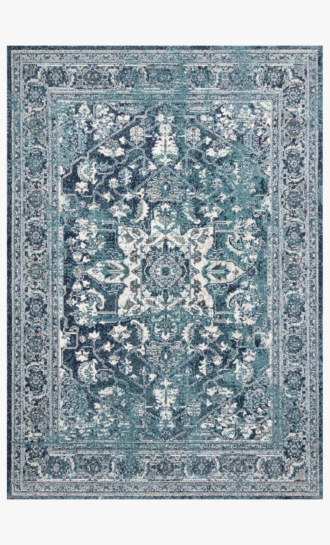 Traditional power-loomed rug, ocean blue and ivory ornate floral medallion pattern
