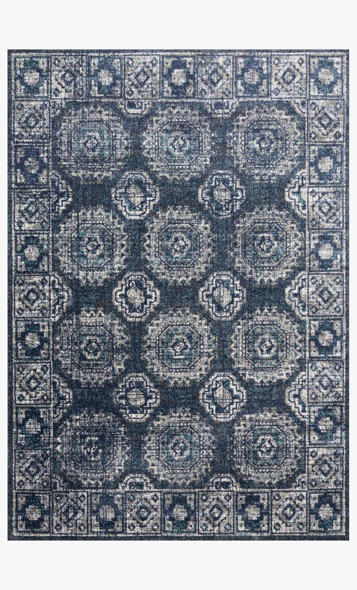 Traditional power-loomed rug with geometric medallion pattern, denim blue and grey