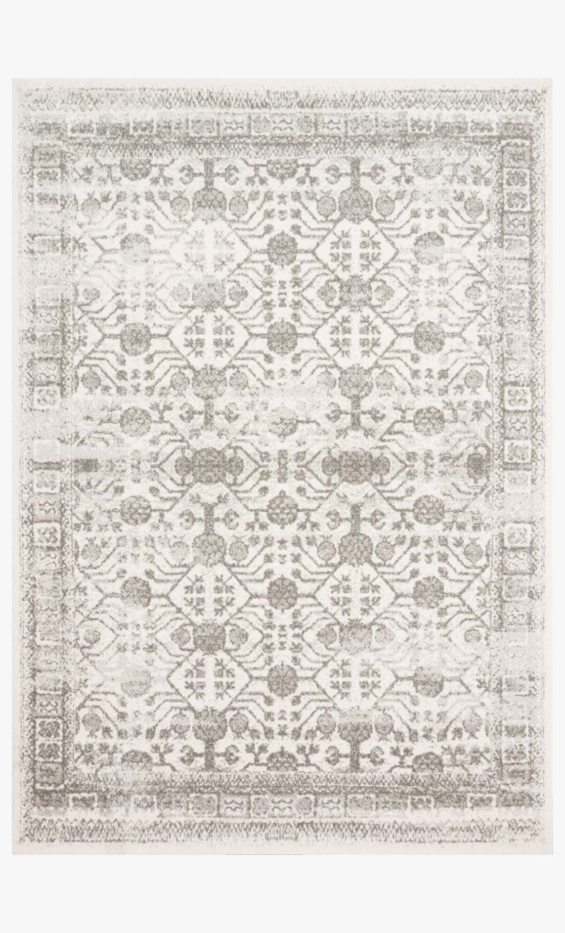 Ivory and grey traditional area rug with ornate geometric medallion and border