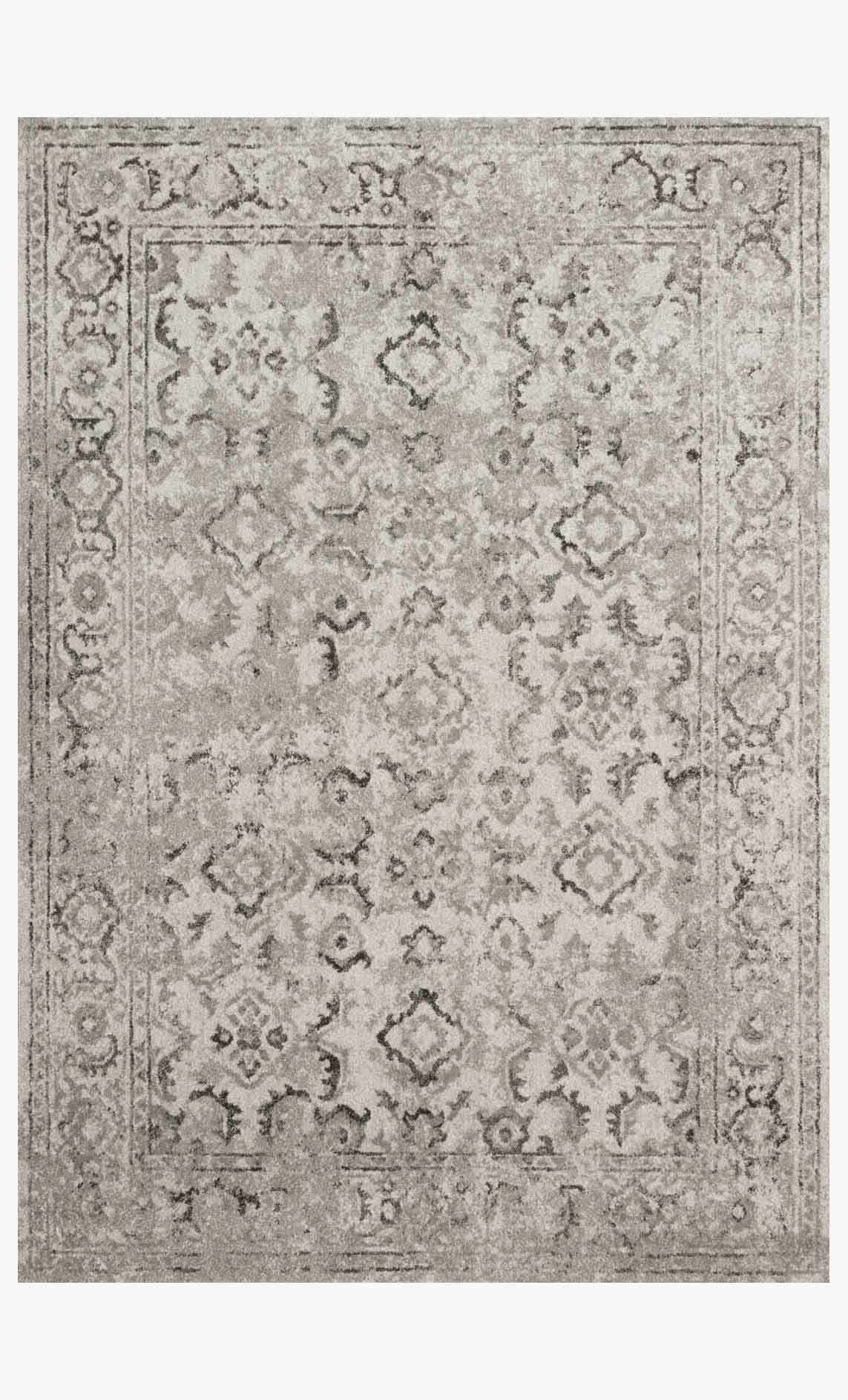 Power-loomed rug in silver and grey with distressed medallion pattern