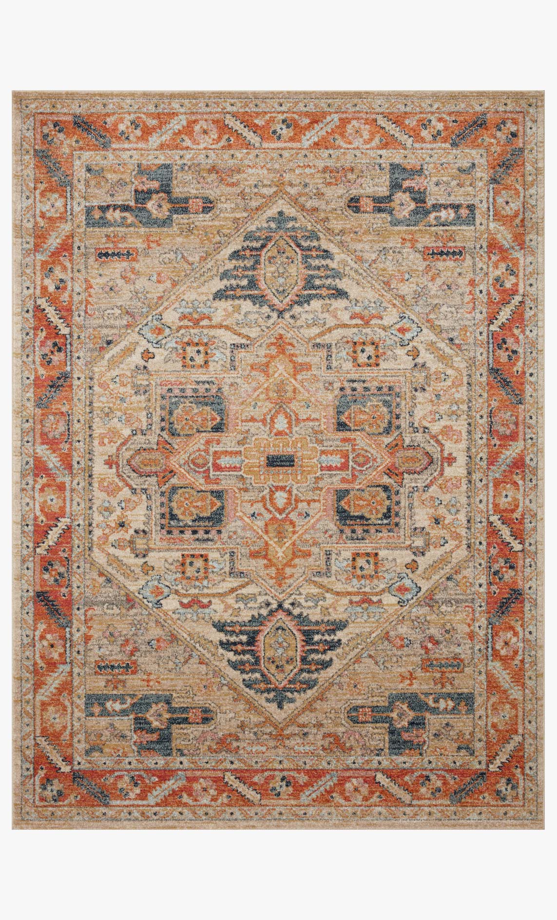 Transitional power-loomed area rug with distressed medallion pattern in sand, orange, and blue