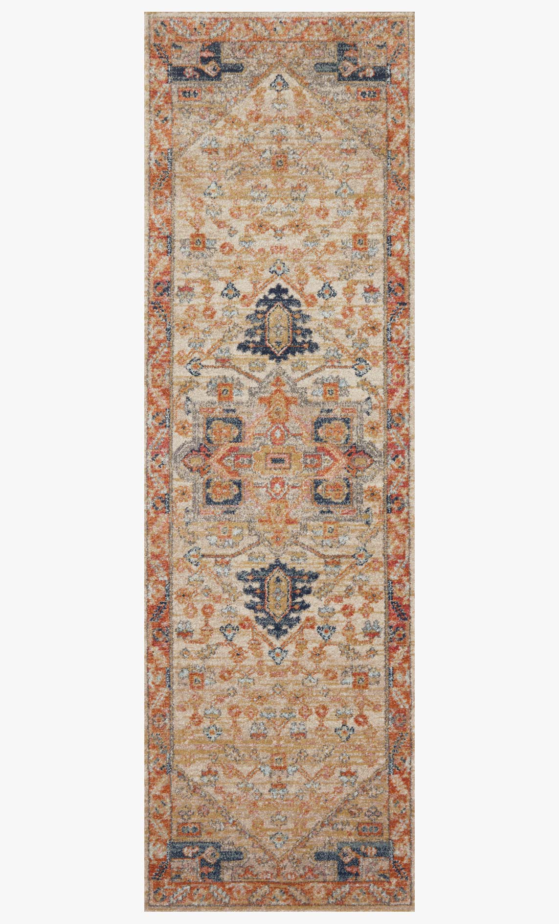 Rectangular area rug with central medallion and border pattern in sand, orange, and blue