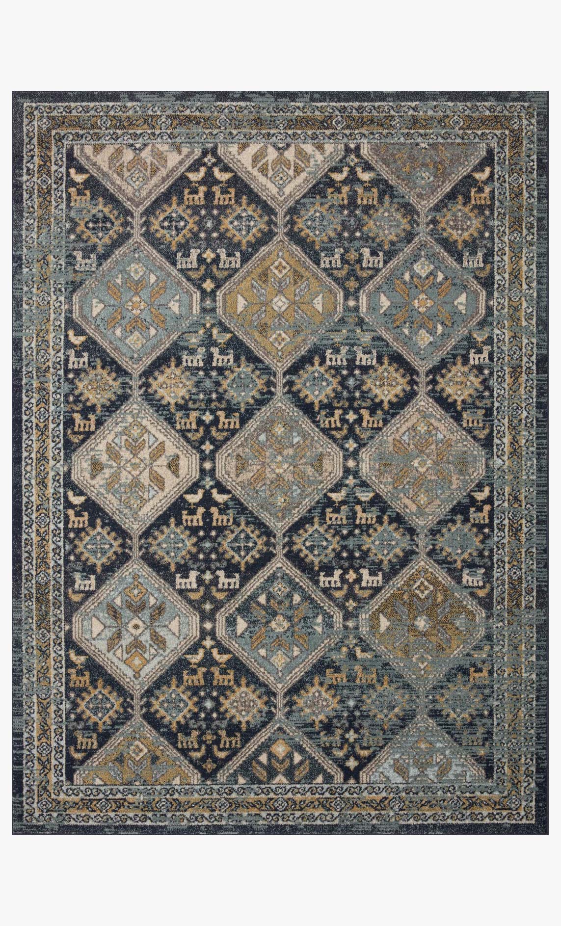 Navy and blue transitional power-loomed rug with diamond medallion pattern
