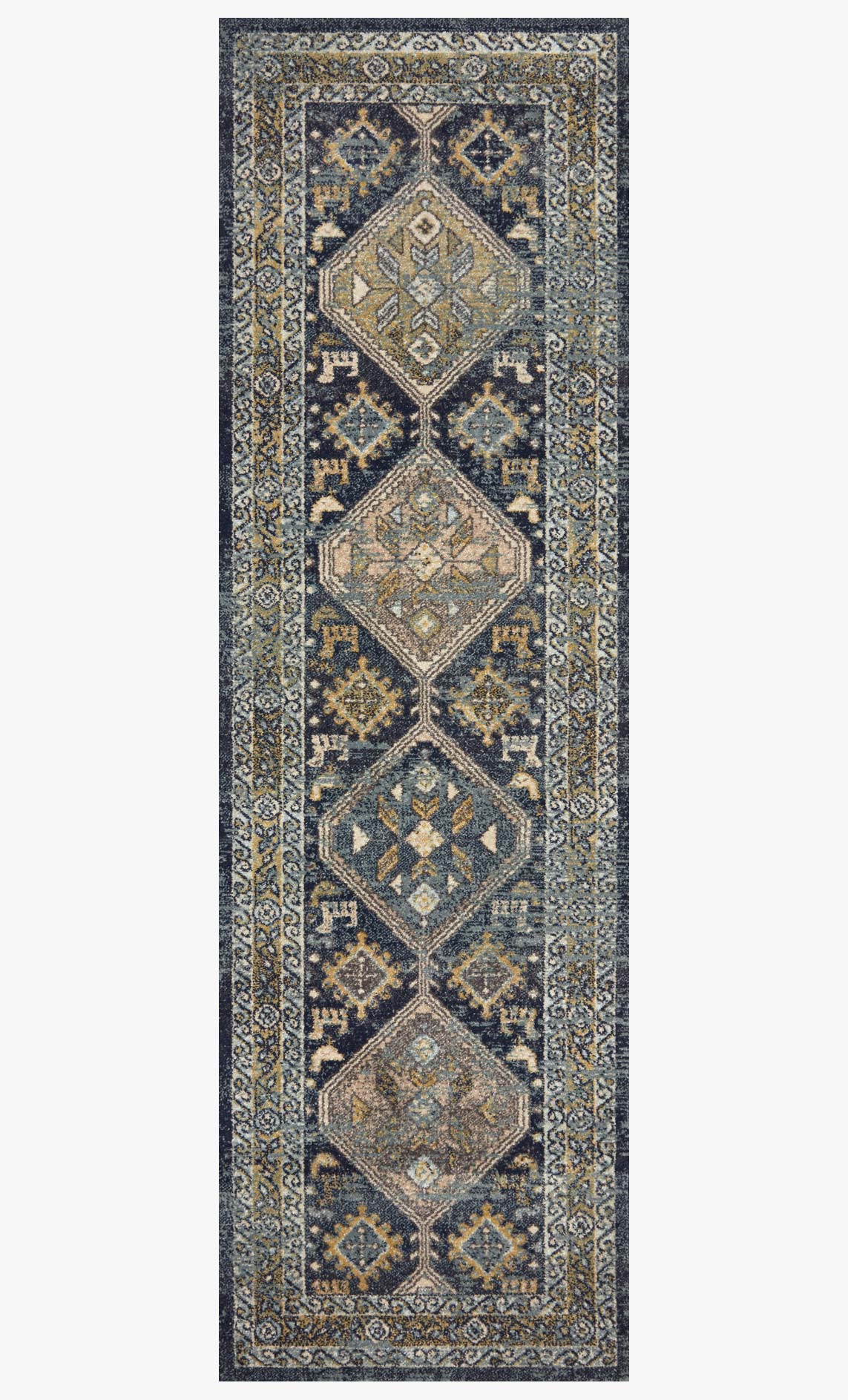 Navy and blue rug with repeating diamond motifs in a central medallion layout