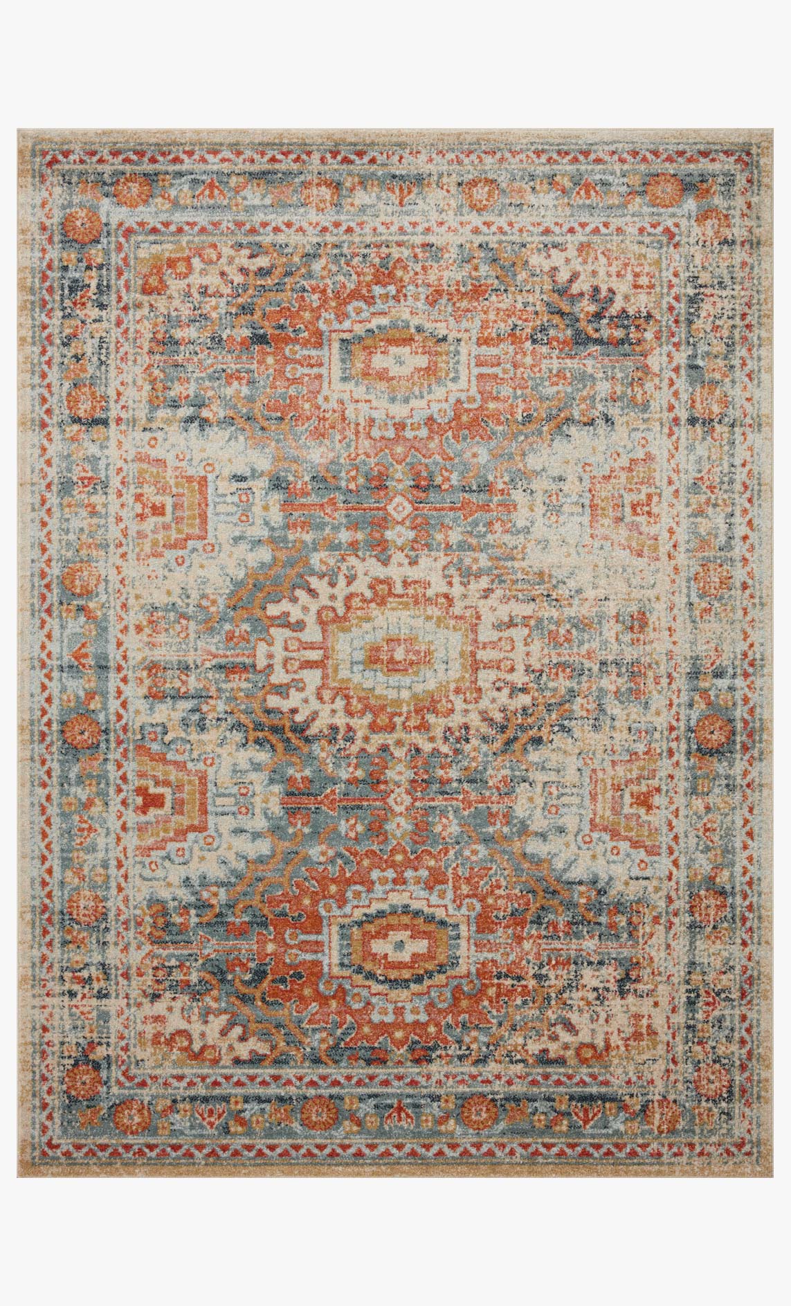 Transitional power loomed rug with ornate medallion pattern in mist blue and rust