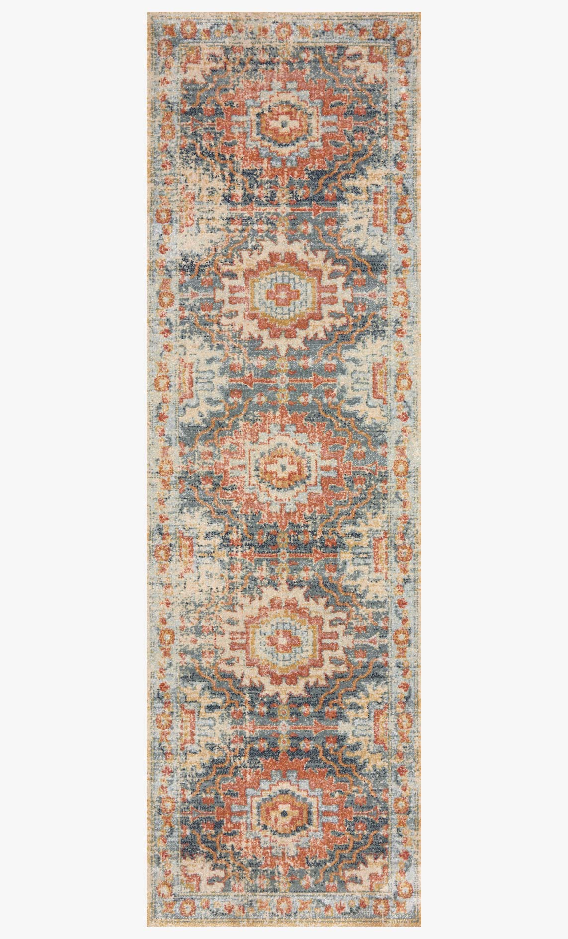 Vertical transitional power loomed rug, mist blue field with repeating medallion motifs