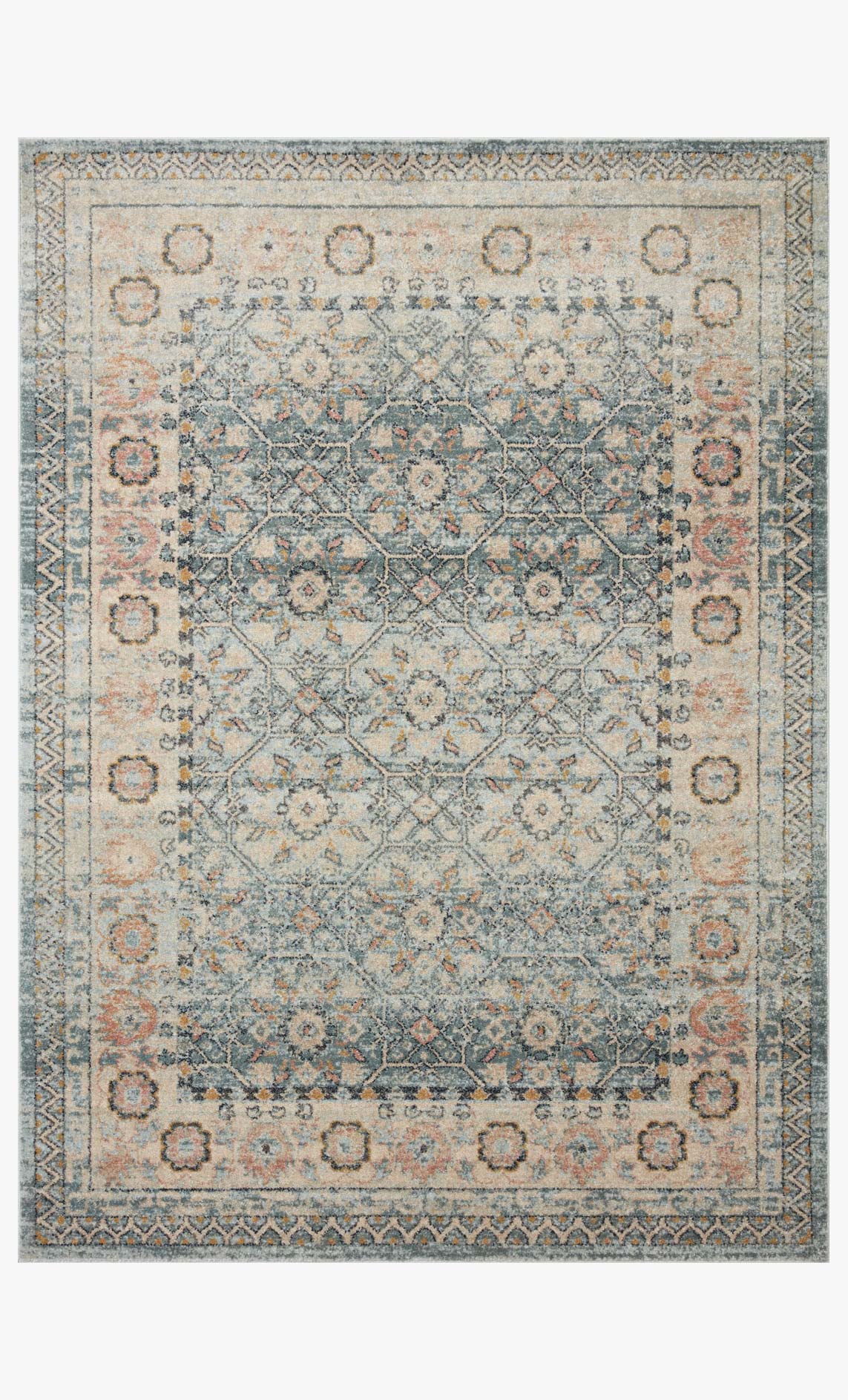 Sky blue transitional power-loom rug with ornate geometric medallion and border pattern