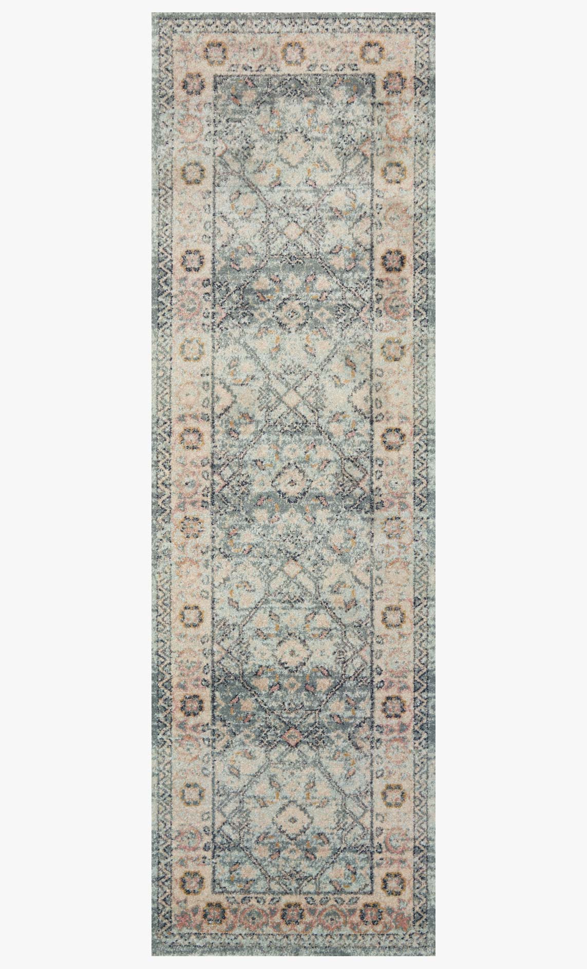 Tall view of sky blue transitional rug with center medallion and patterned frame