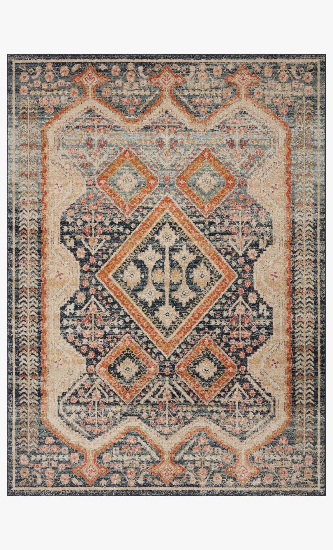 Transitional power-loomed rug with navy-beige-orange diamond geometric pattern