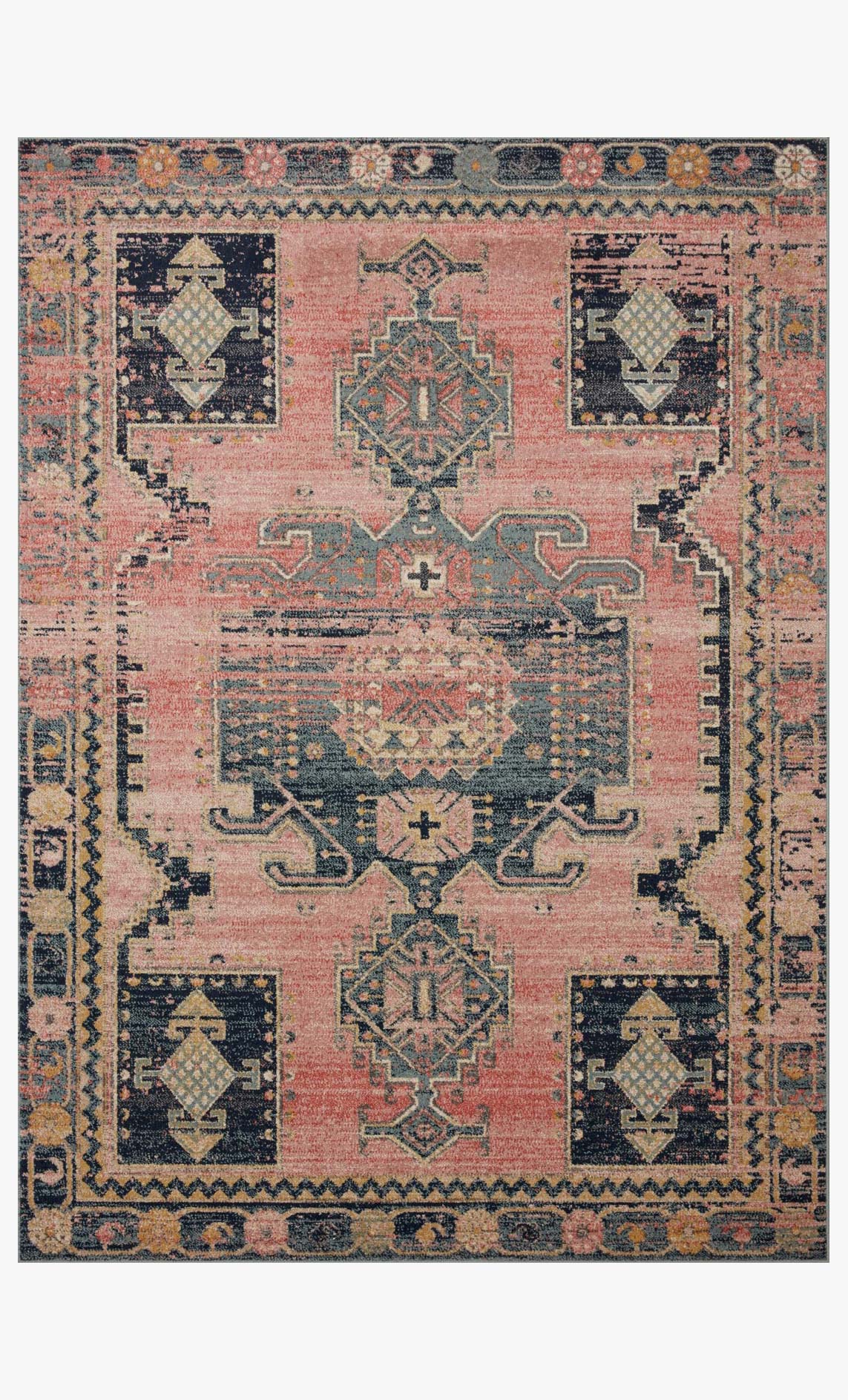 Transitional power-loomed rug with rose pink ground and navy geometric medallion border.