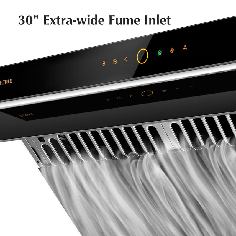Fotile Slant Vent Series 30-Inch 1000 CFM Under Cabinet Range or Wall Mount Range Hood with 2 LED lights, Motion, and Touch Activation in Onyx Black Tempered Glass (JQG7505)