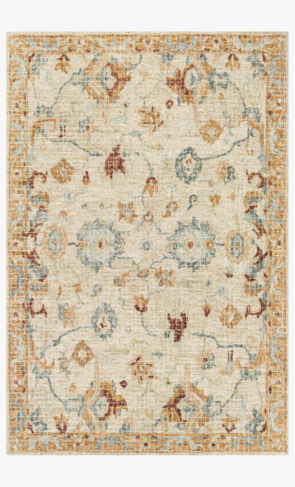 Ivory transitional hooked rug with distressed multicolor medallion motifs, flat surface