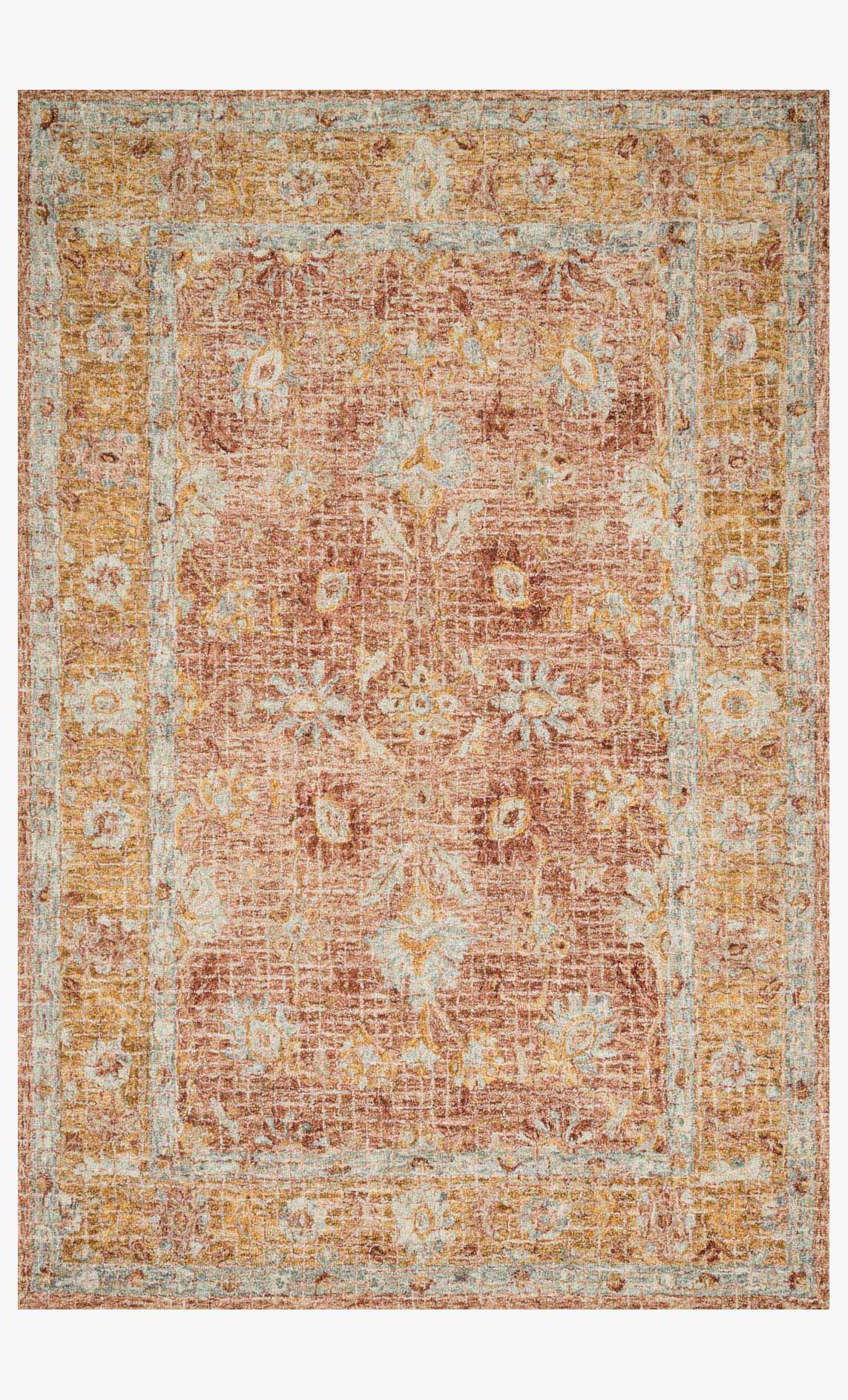 Transitional hooked rug with terracotta, gold, and light blue abstract pattern