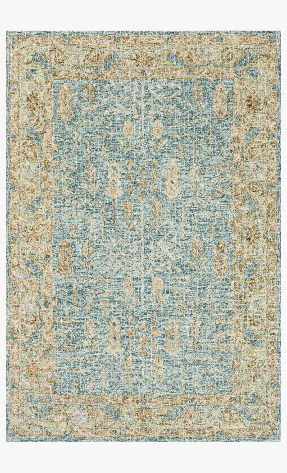 Transitional hooked rug, light blue with gold woven pattern, rectangular, flat pile