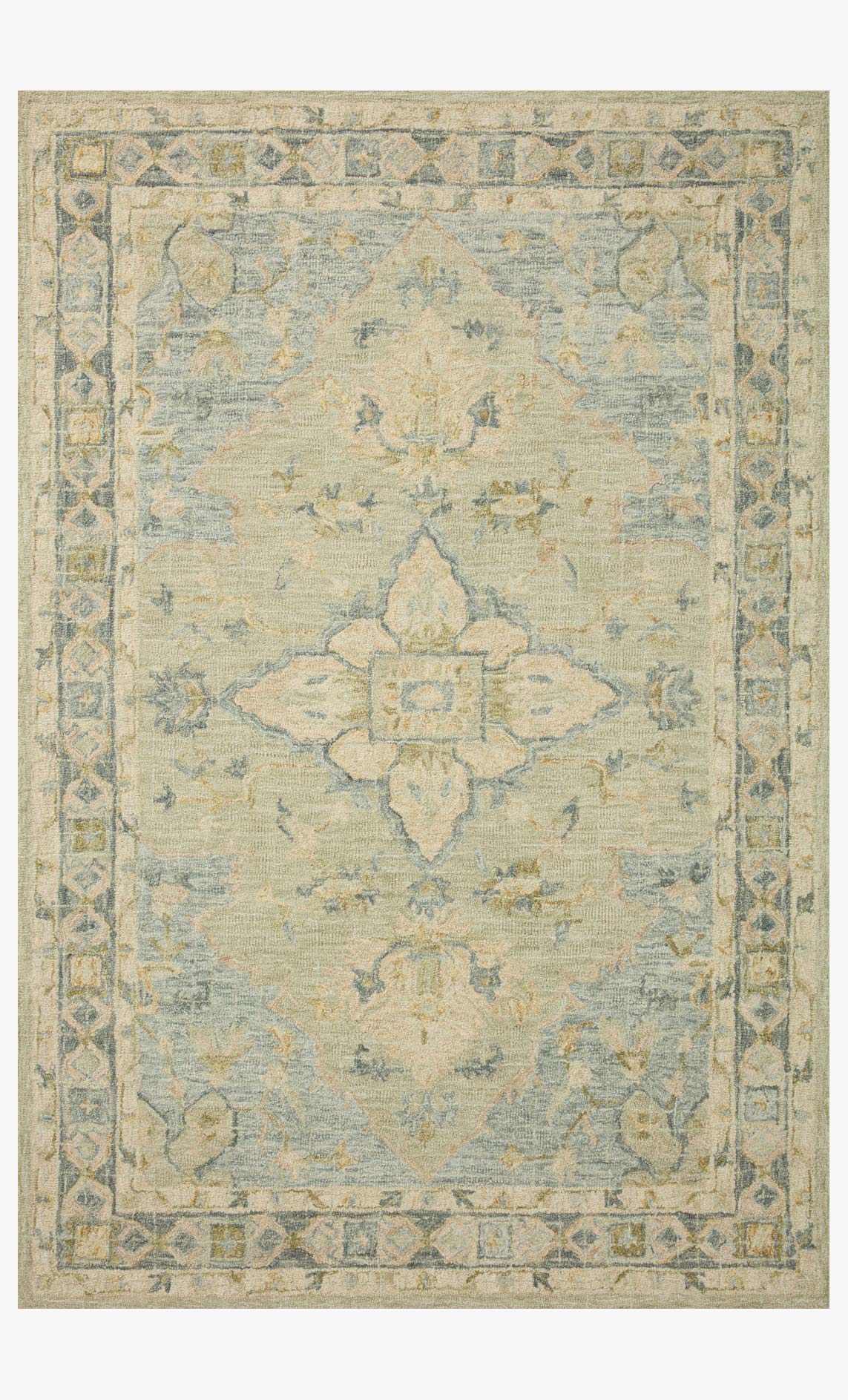 Transitional hooked rug in seafoam green with ornate faded medallion pattern
