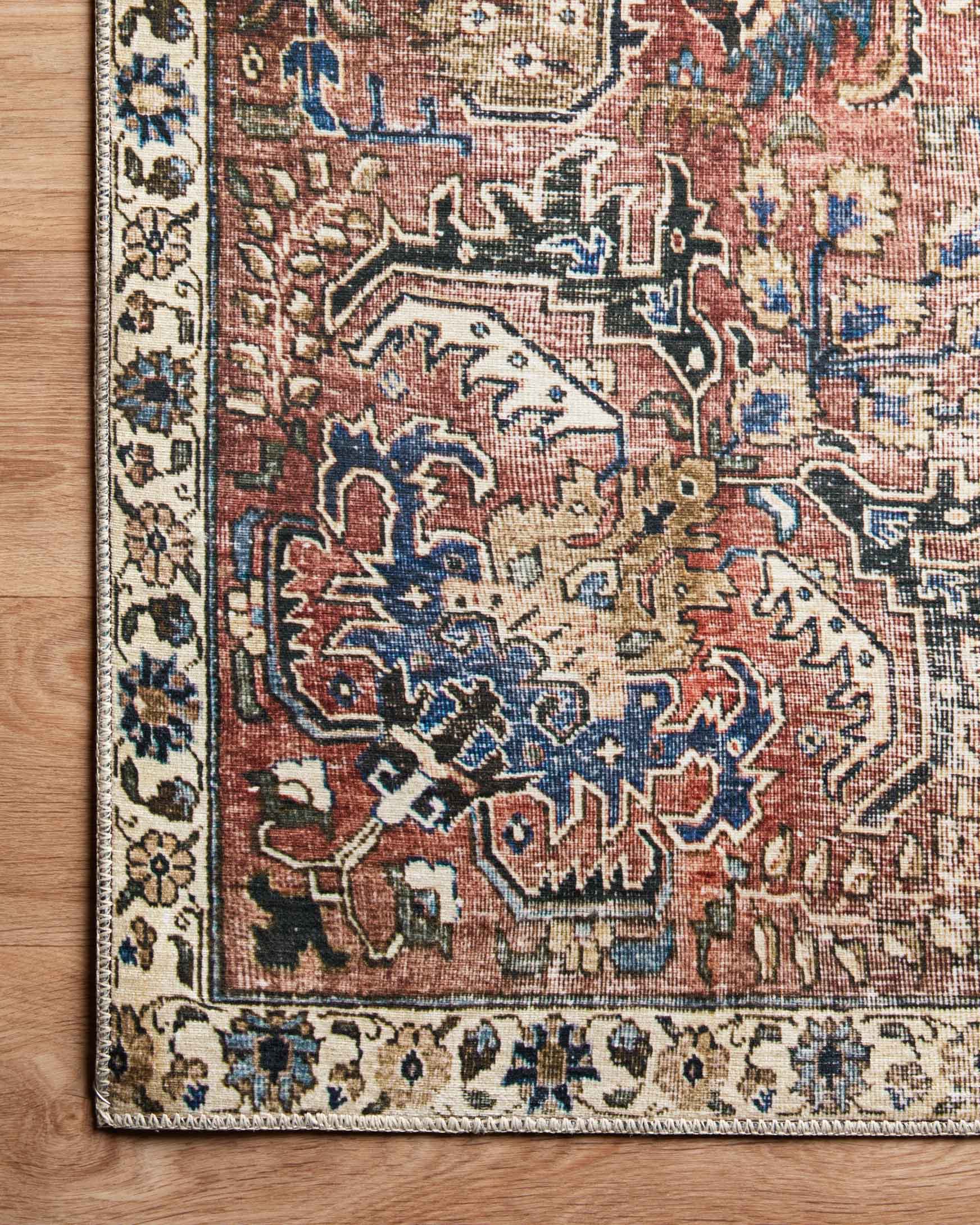 Close-up of rug border and motifs in red, blue, and cream with detailed accents