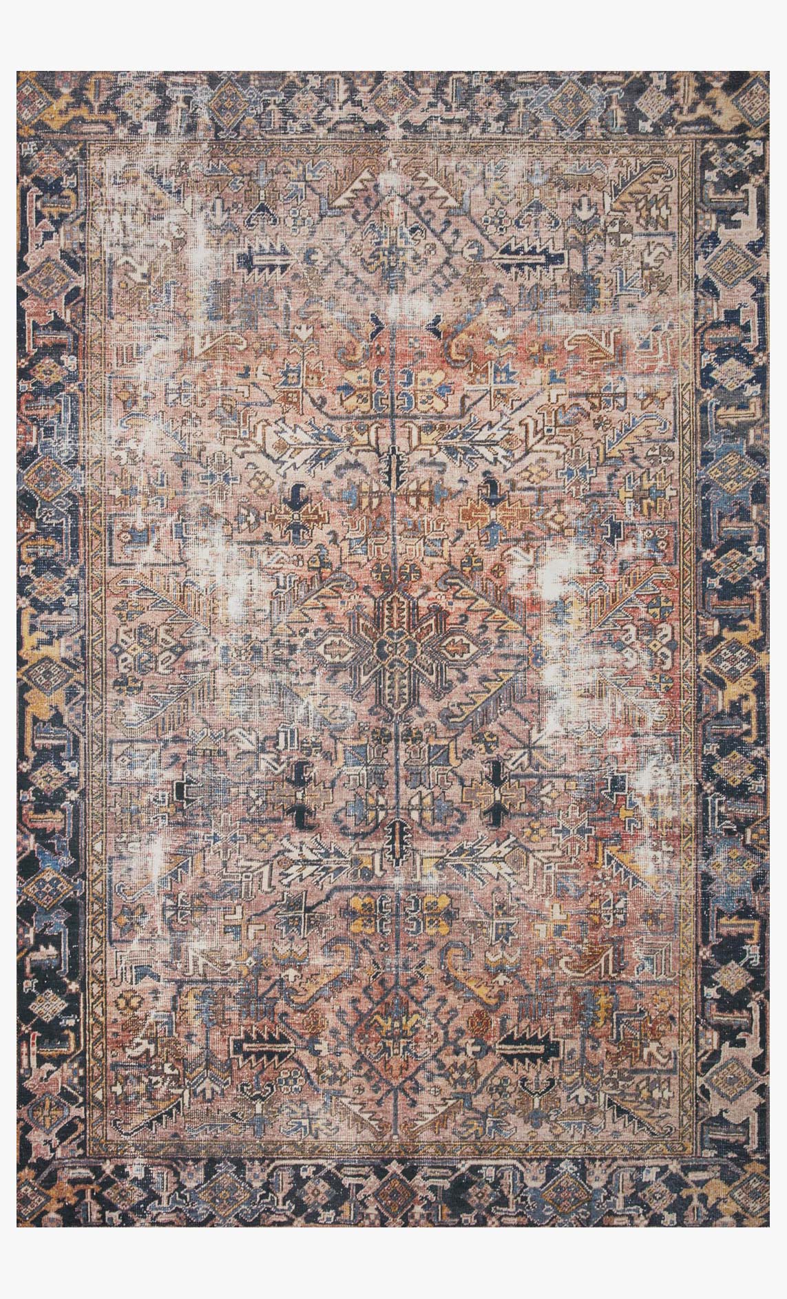 Traditional area rug with terracotta, cream, and blue patterned center and border