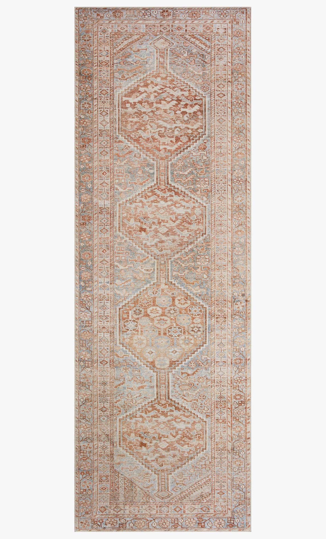 Tall view of tangerine and mist traditional rug with central medallion and repeating motifs