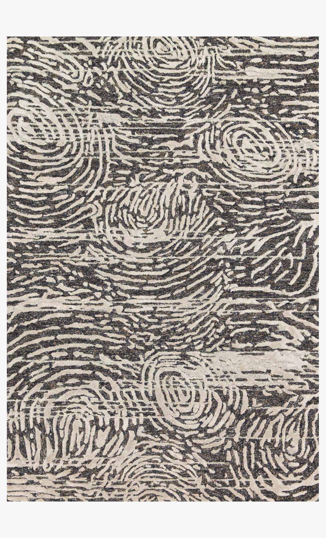 Hand-tufted area rug with charcoal and silver zebra-like pattern, rectangular