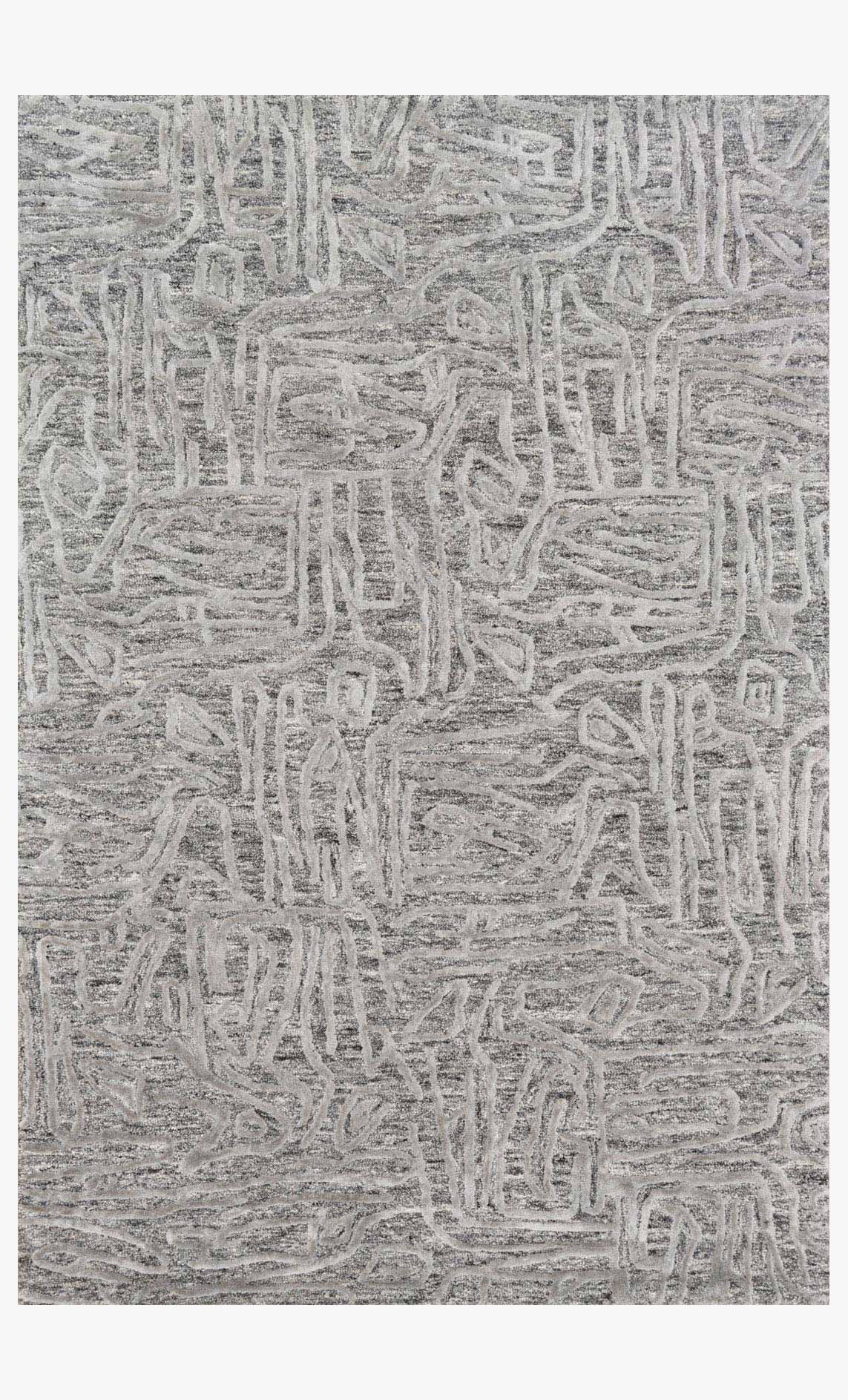 Grey hand-tufted area rug with abstract maze pattern and textured low pile