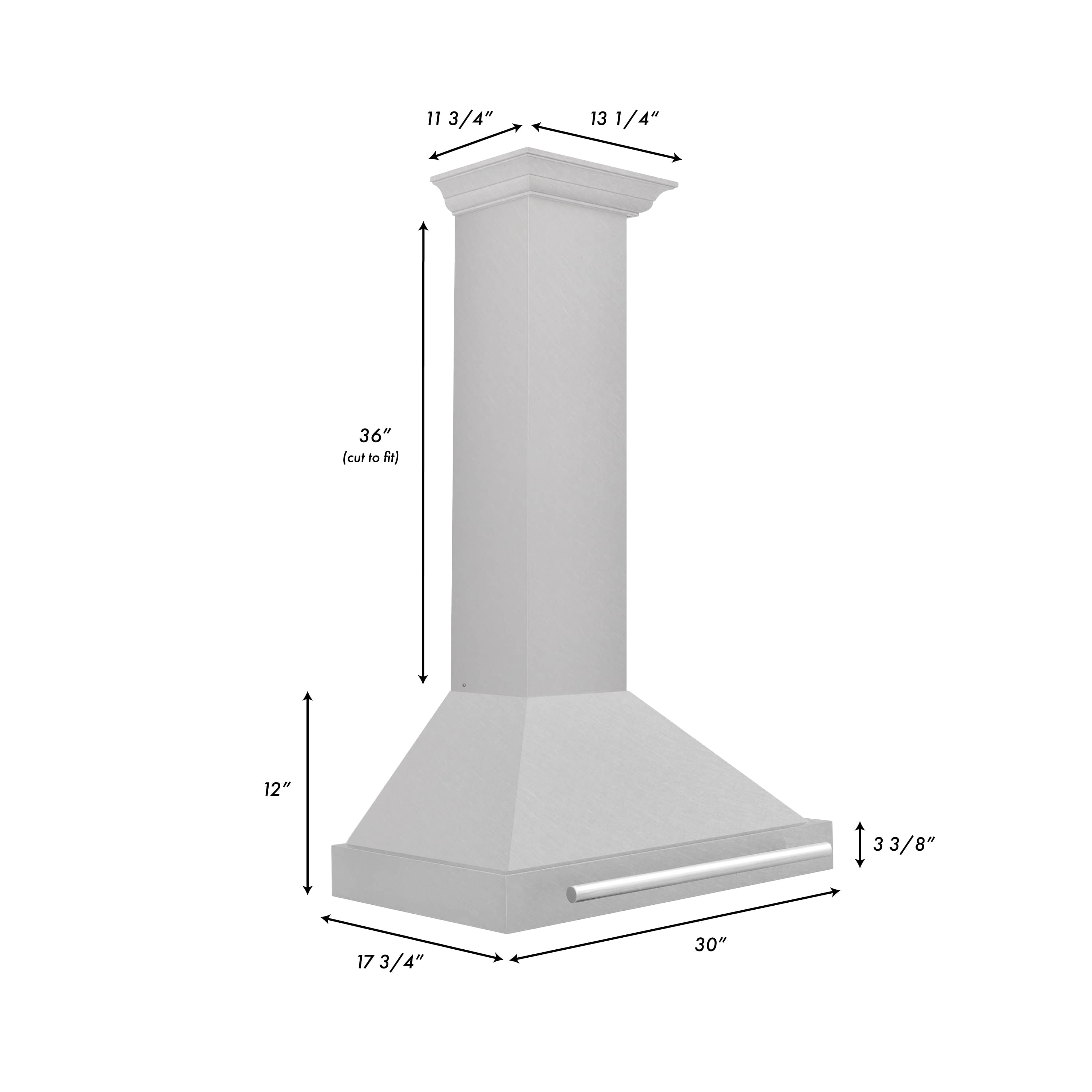 Wall-mounted satin stainless range hood with chimney body and flared canopy