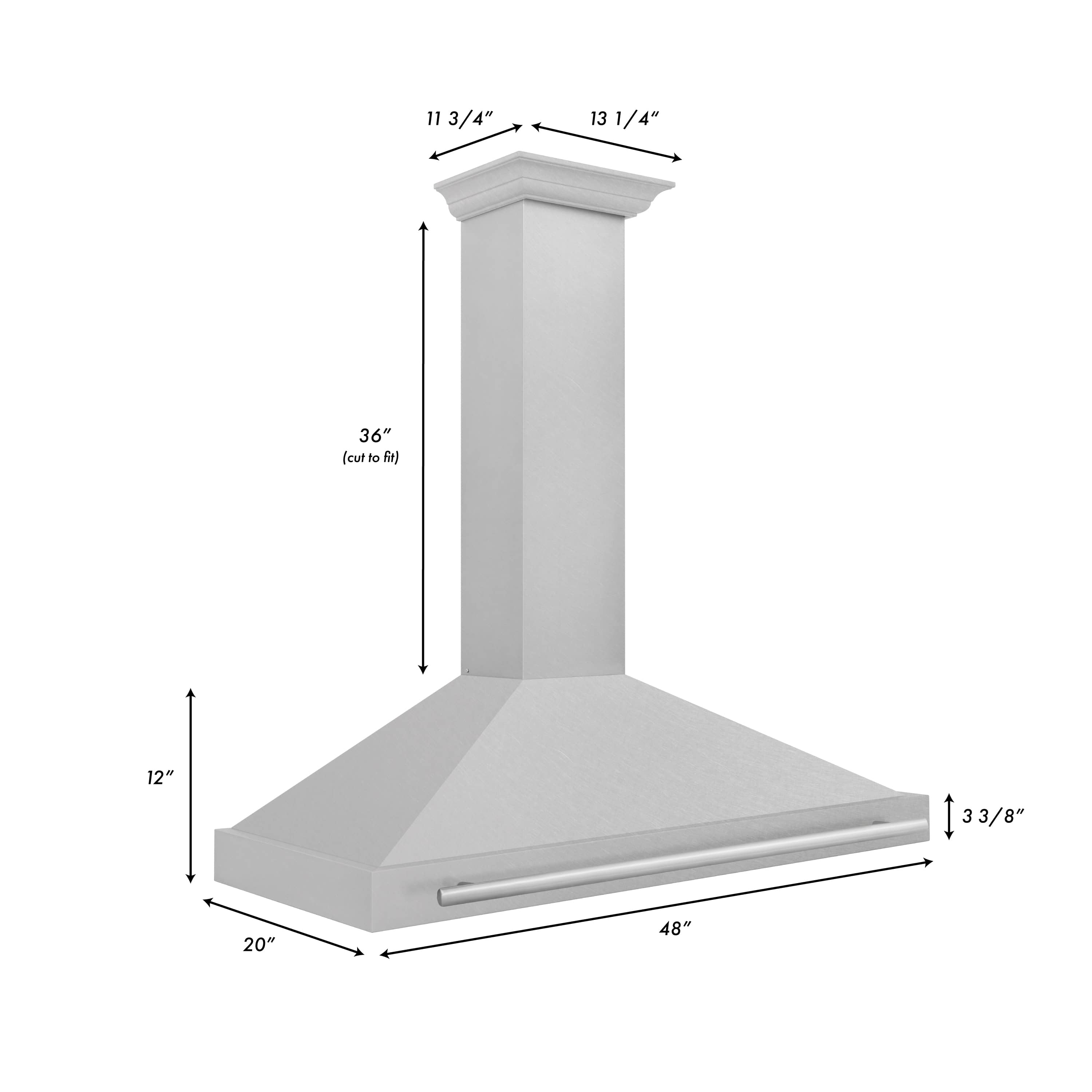 Satin stainless steel wall-mounted range hood with chimney, 48 in canopy and handle