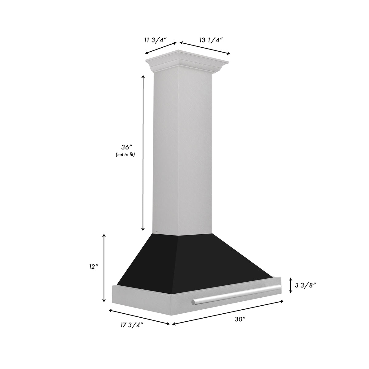 Wall-mounted range hood with satin stainless chimney and black matte canopy