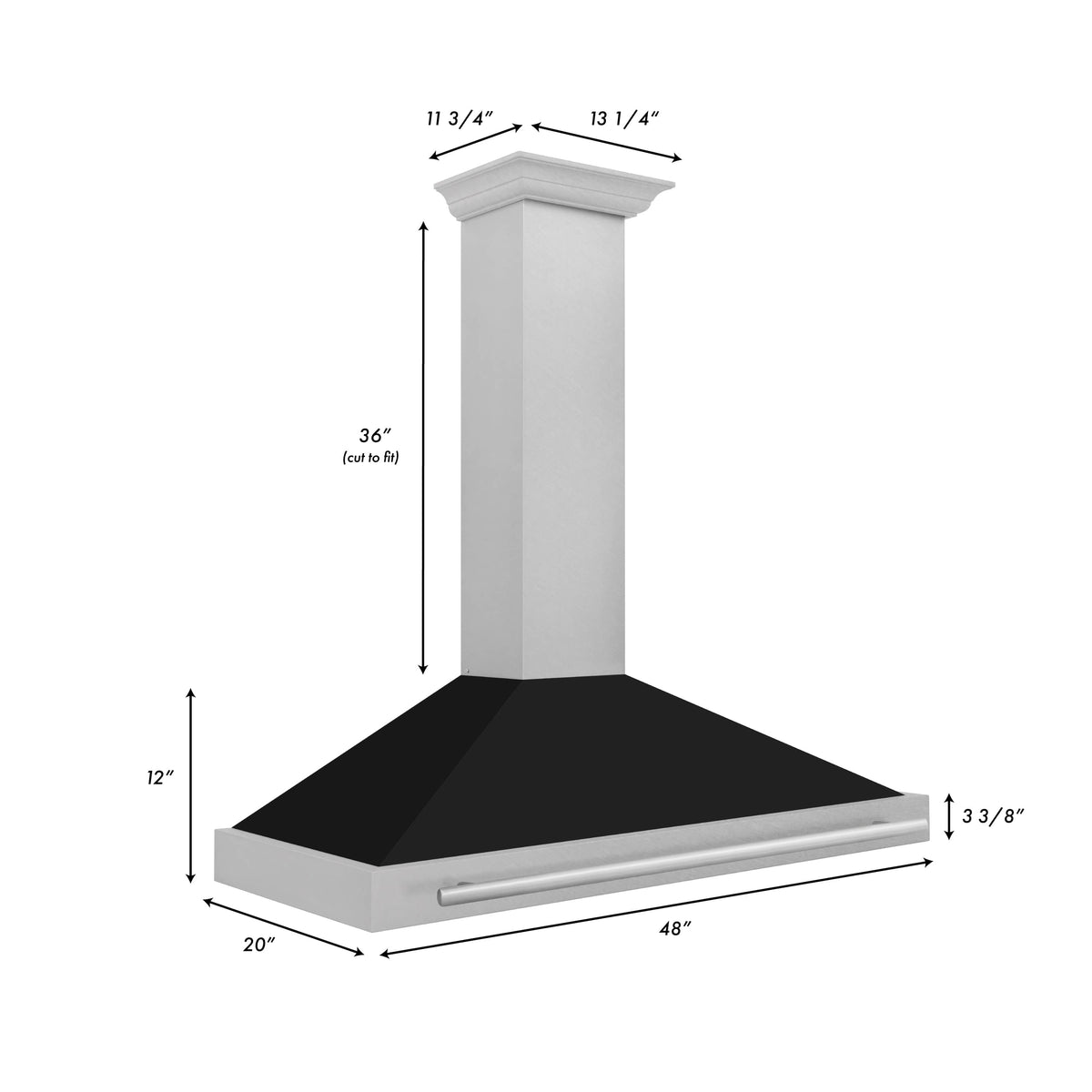 Wall-mounted range hood with satin stainless chimney and black matte canopy