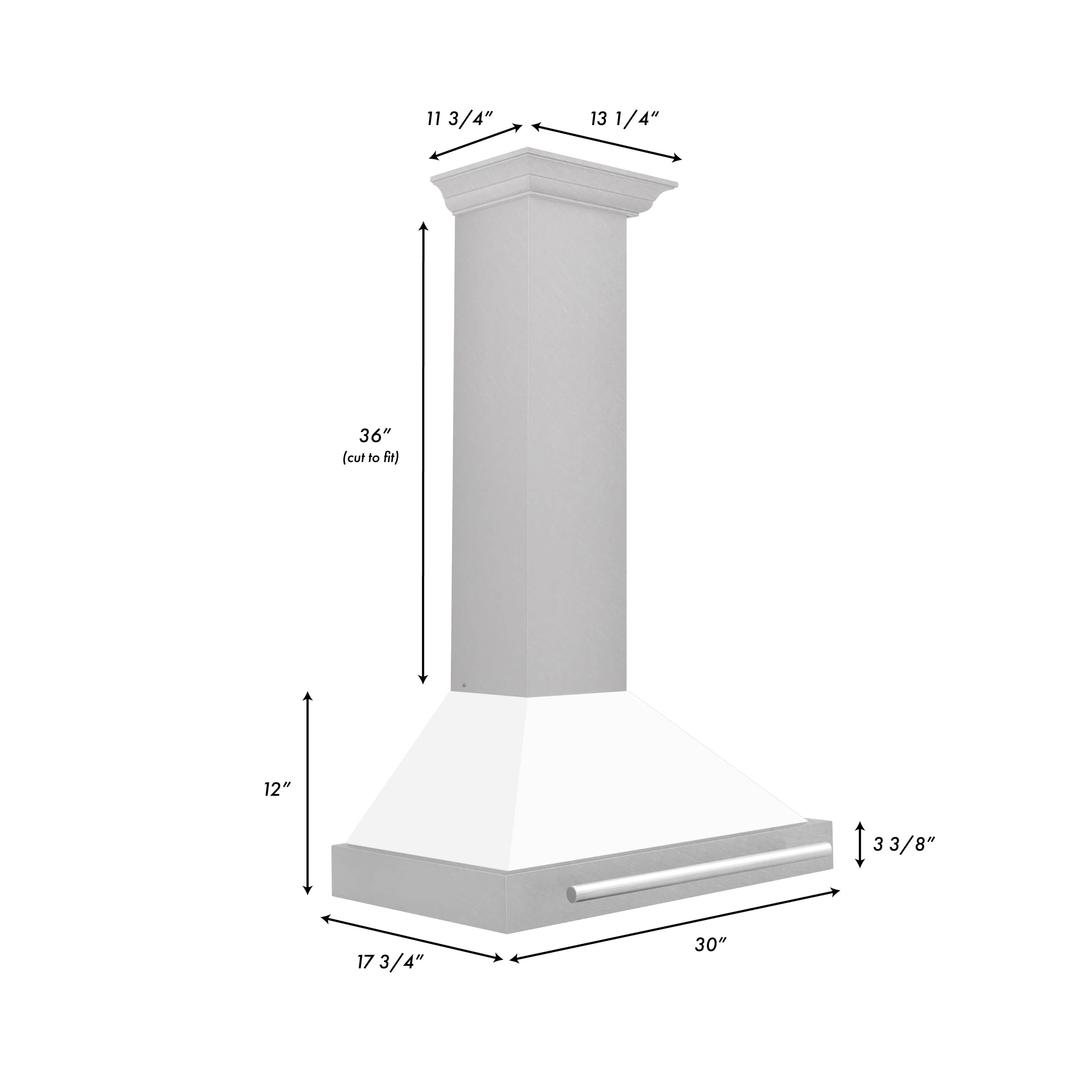 Wall-mounted range hood, white matte chimney with satin stainless canopy and control handle.