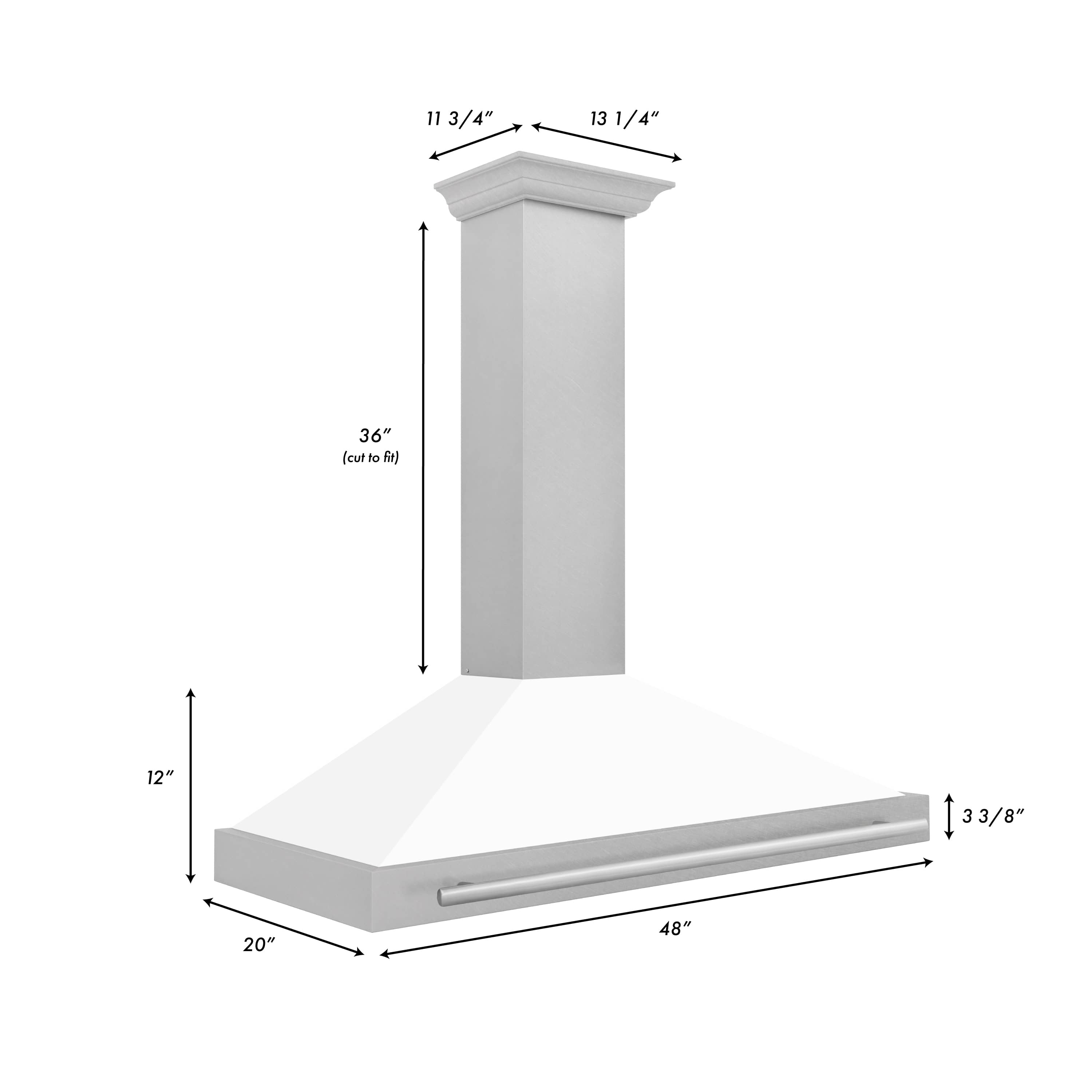 48-inch wall-mounted range hood with white matte shell and satin stainless chimney