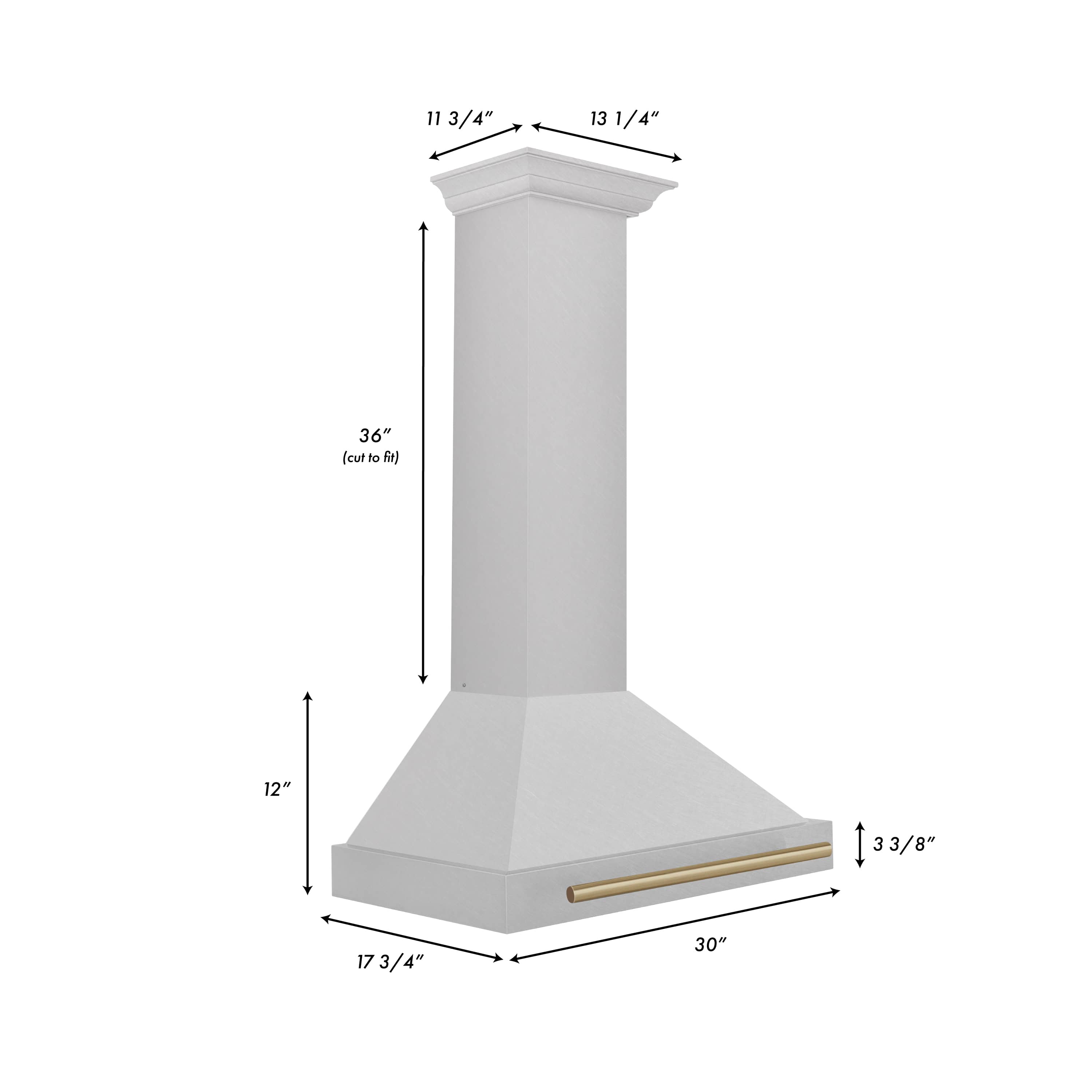 30-inch wall-mounted range hood, satin stainless steel with champagne bronze handle bar