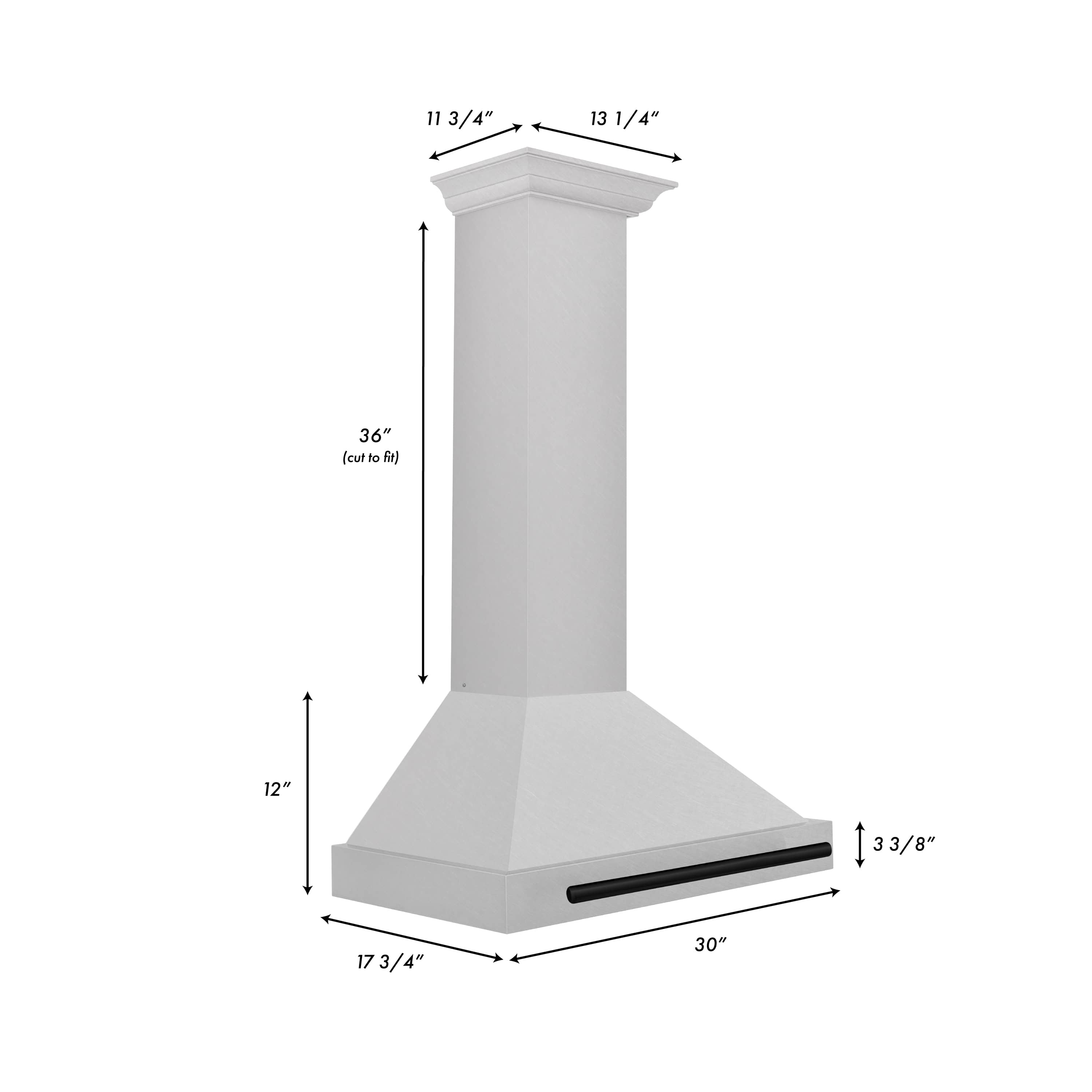 Wall-mounted range hood with satin stainless chimney and matte black front bar