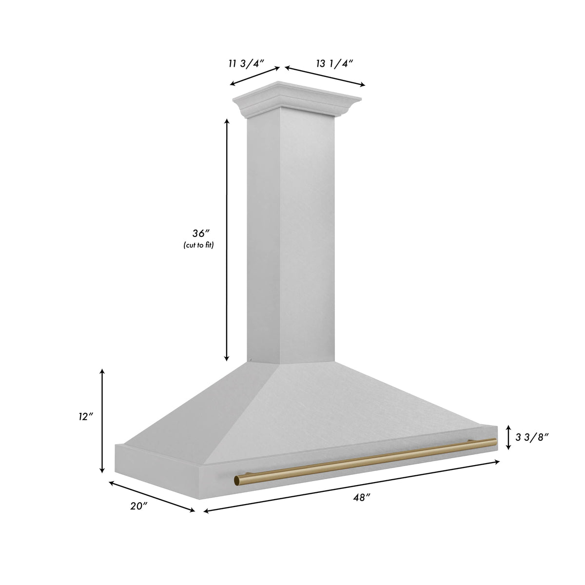 Wall-mounted range hood with satin stainless chimney and champagne bronze trim bar