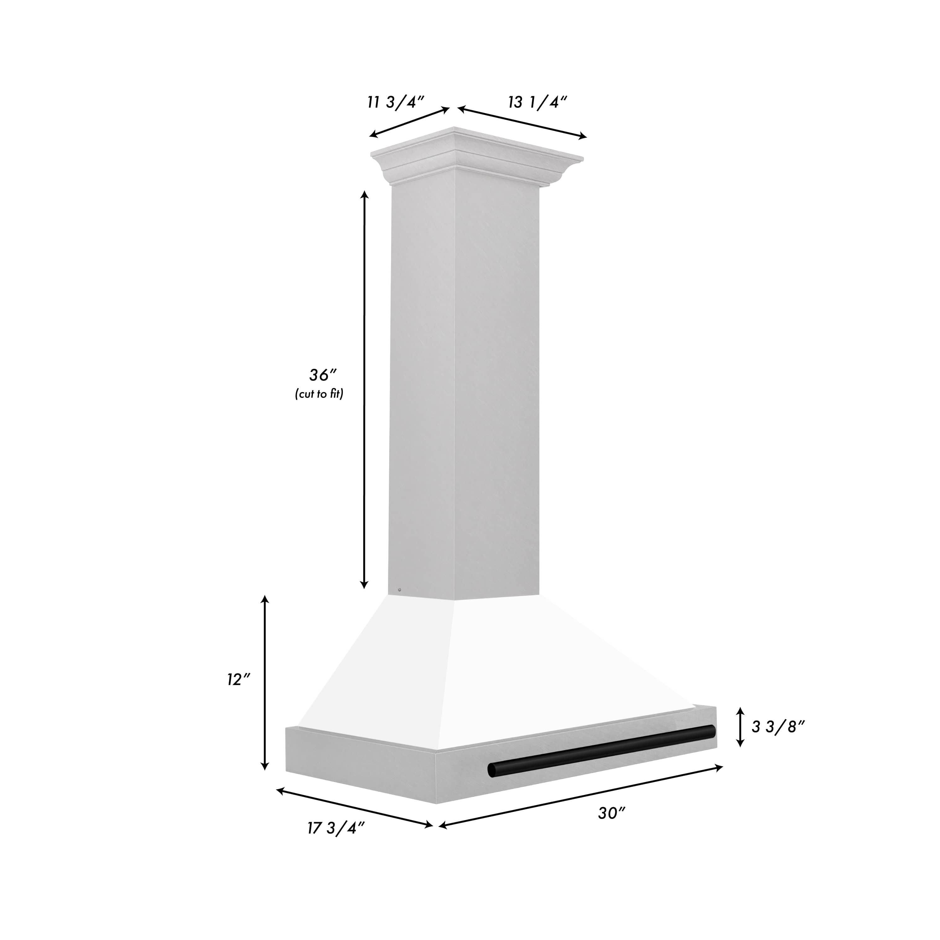 Wall-mounted range hood chimney in white matte with matte black bottom vent bar