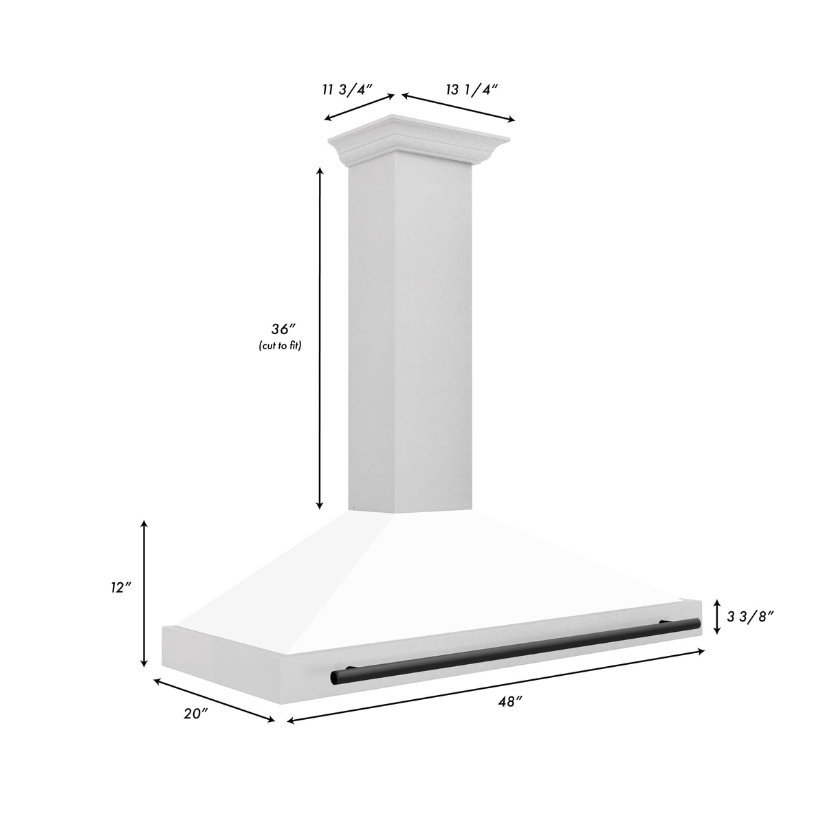 48-inch wall mounted range hood with white matte shell and satin stainless body