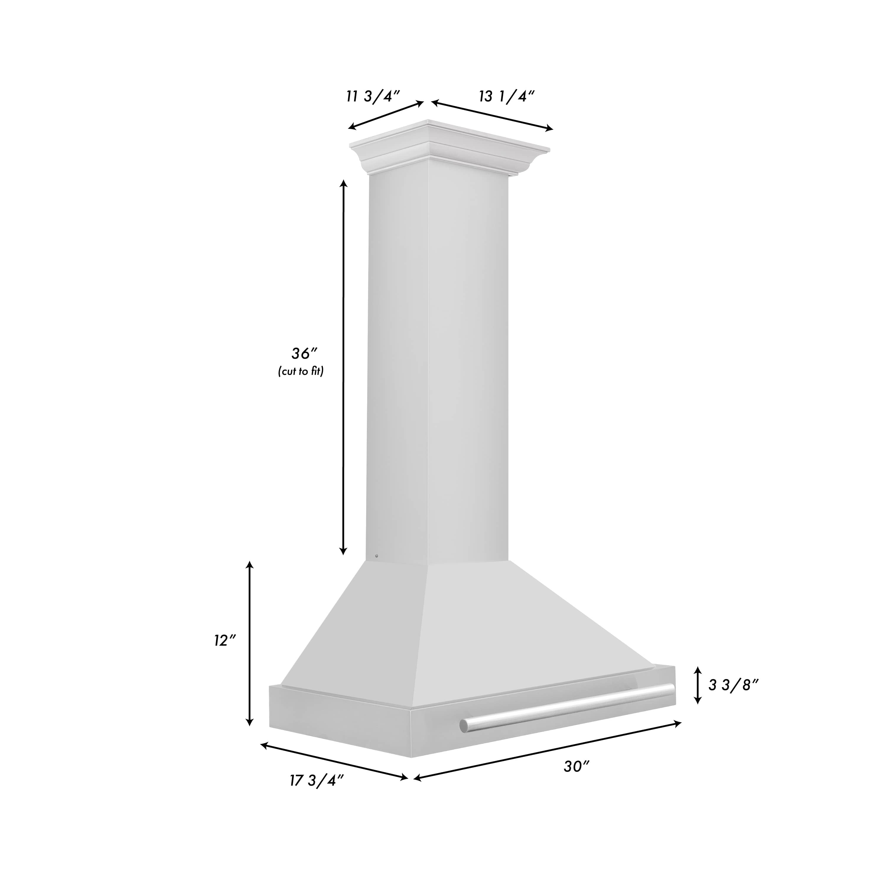 Wall-mounted stainless steel range hood with tall chimney and wide flat vent canopy