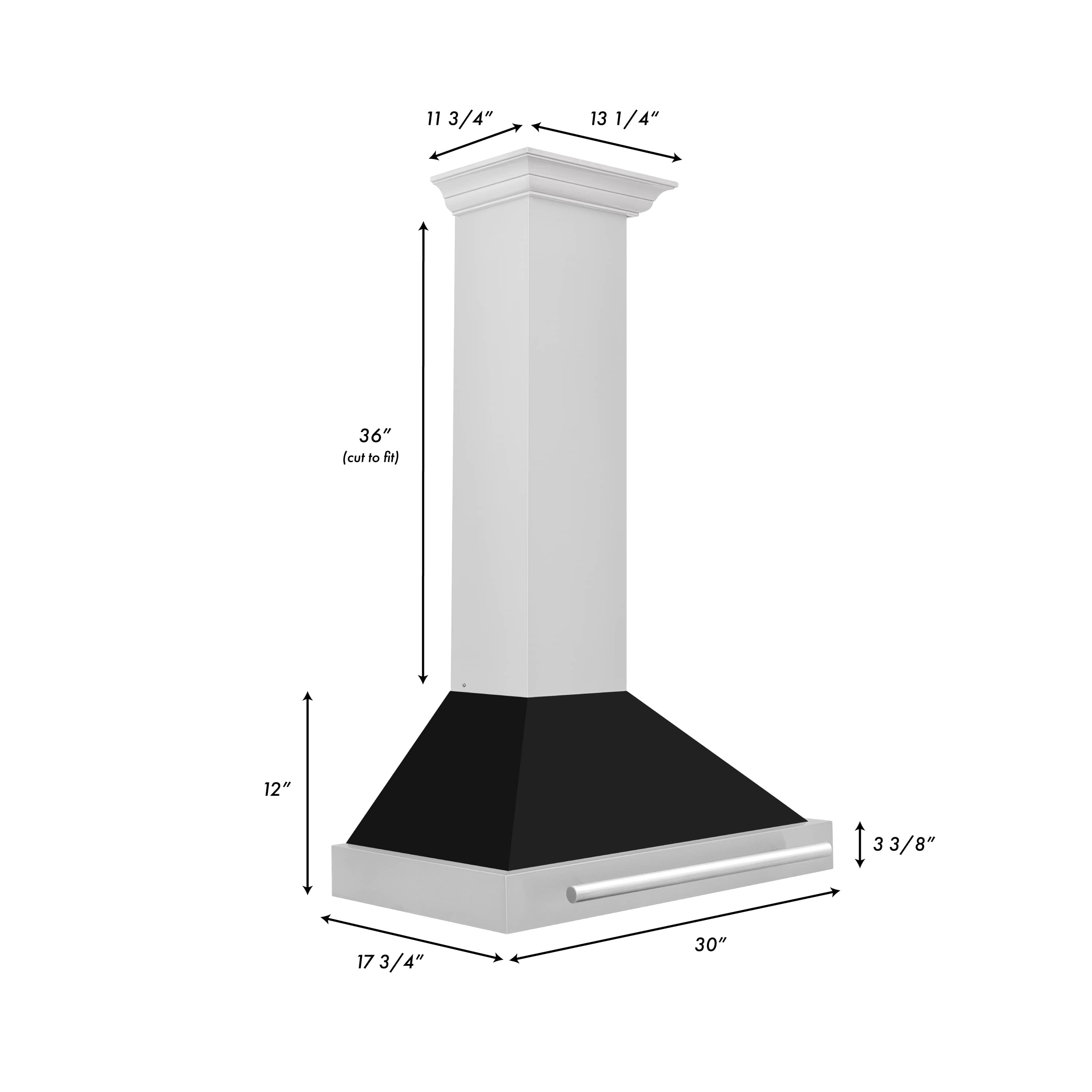 Wall-mounted range hood with white chimney, black matte canopy, stainless steel handle