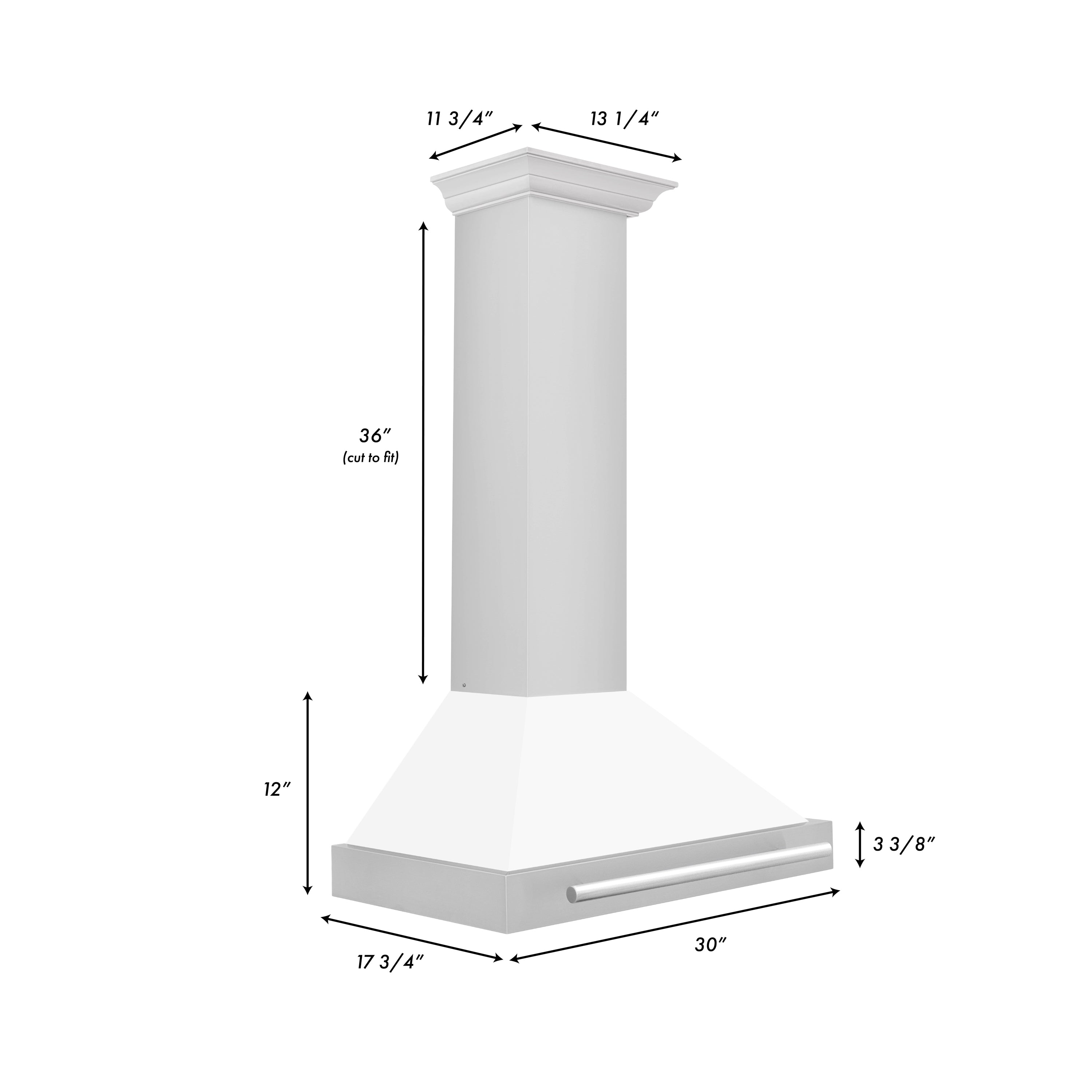 Wall-mounted range hood dimension diagram with labeled measurements