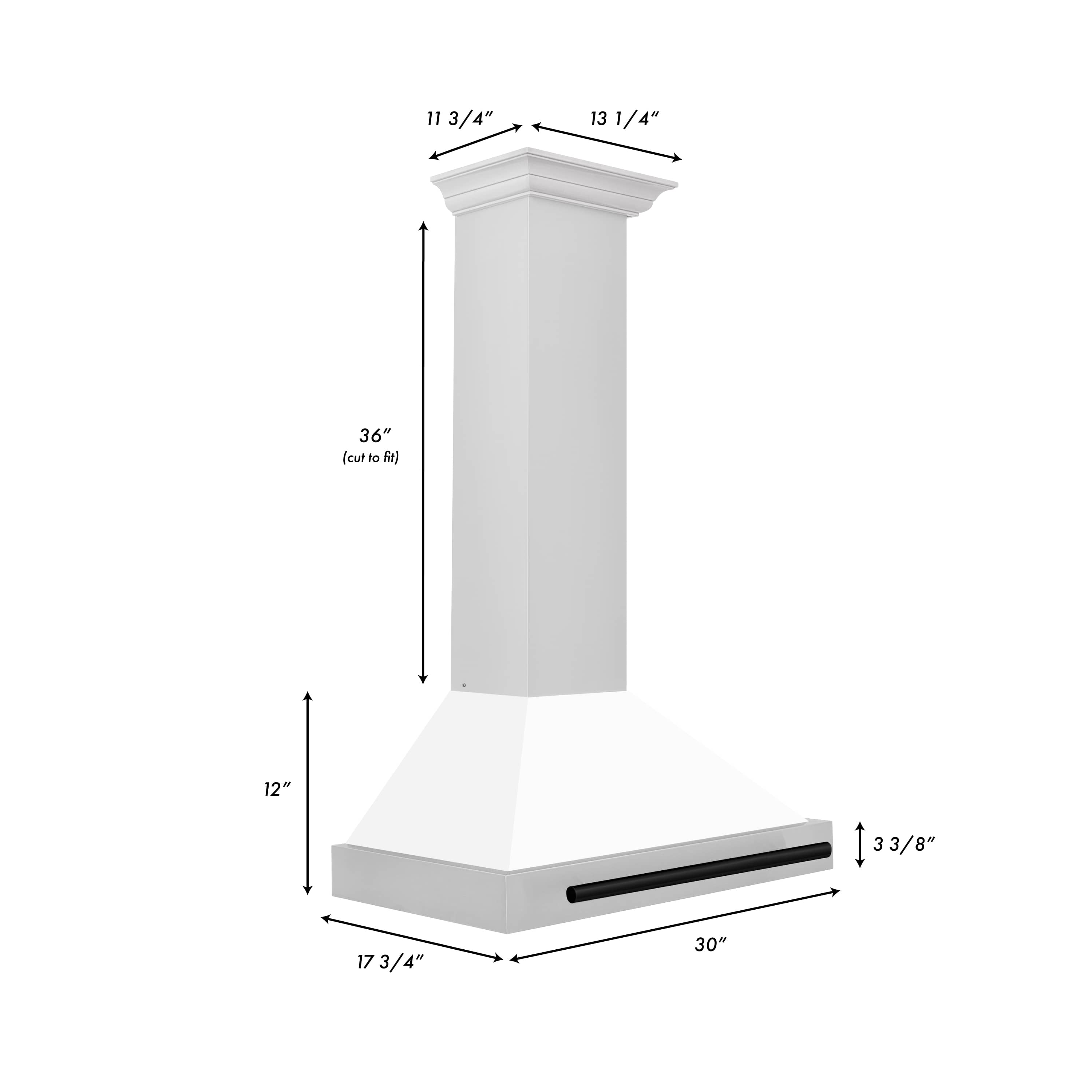 Wall-mounted range hood with white matte canopy and matte black vent bar