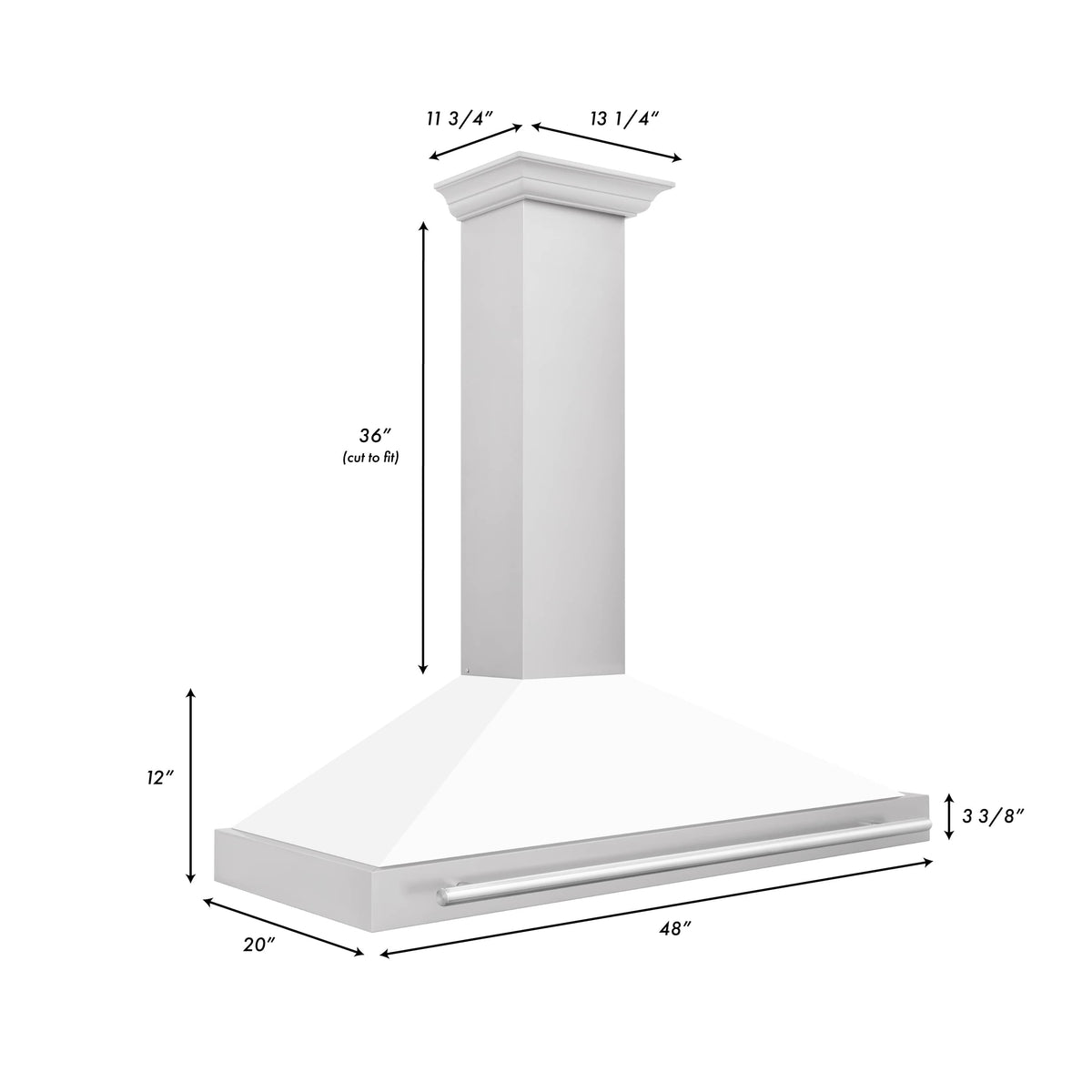 Wall-mounted range hood with white matte chimney and stainless steel canopy