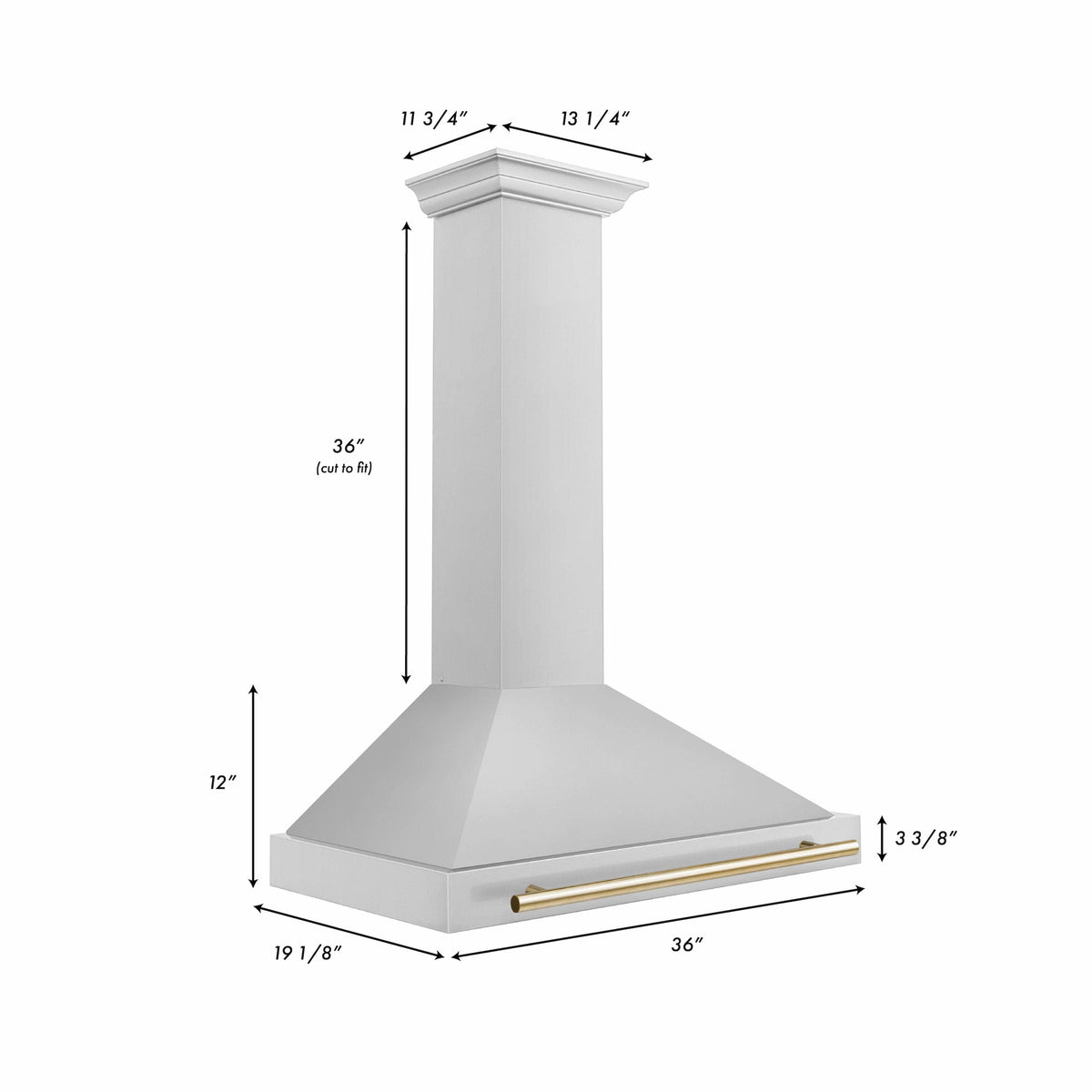 Wall-mounted range hood, white stainless with gold front trim and flared canopy